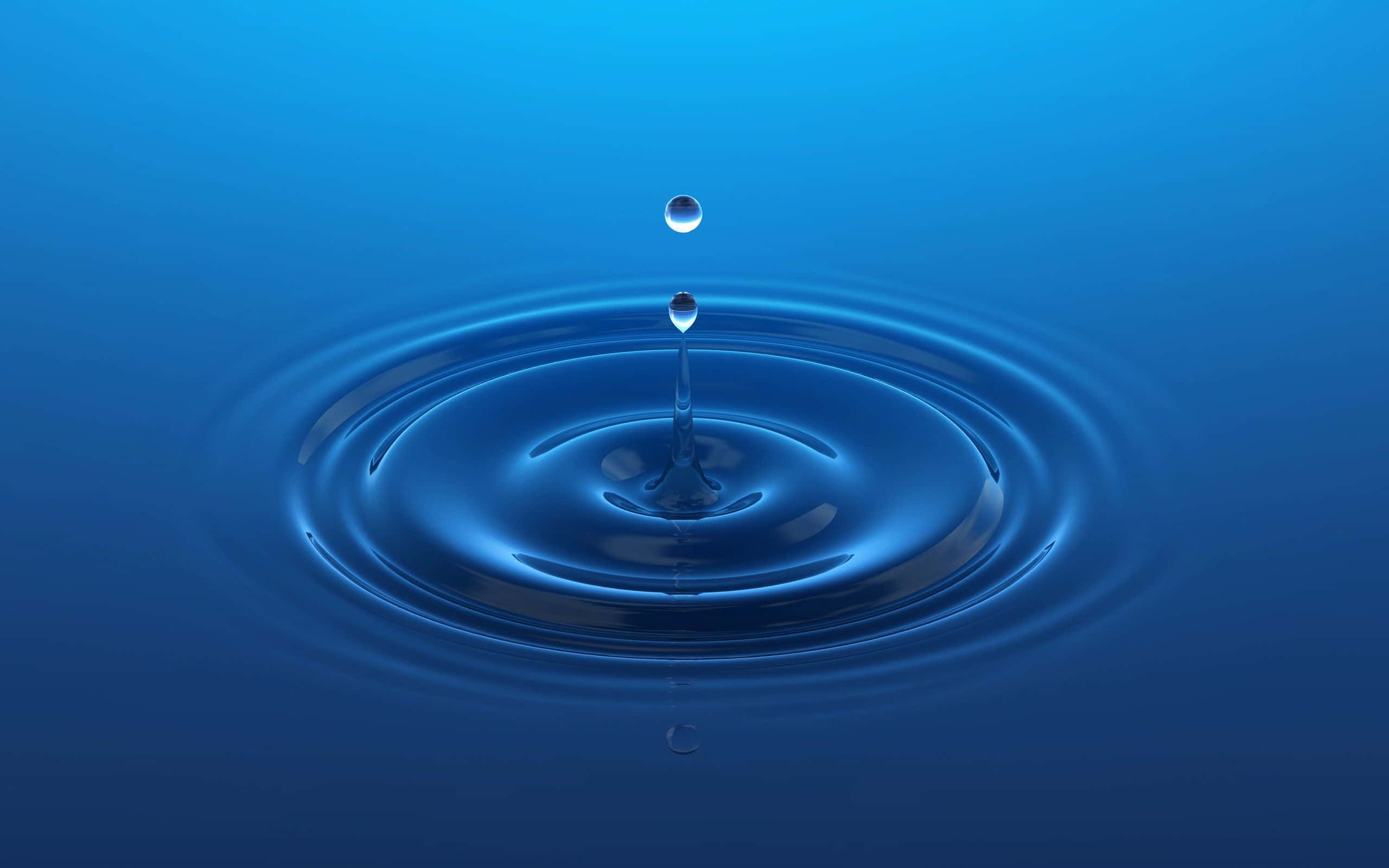 3d Water 桌布 壁紙 — 一滴水在深藍色液體表面形成完美的同心漣漪，上方懸浮著一滴水滴。