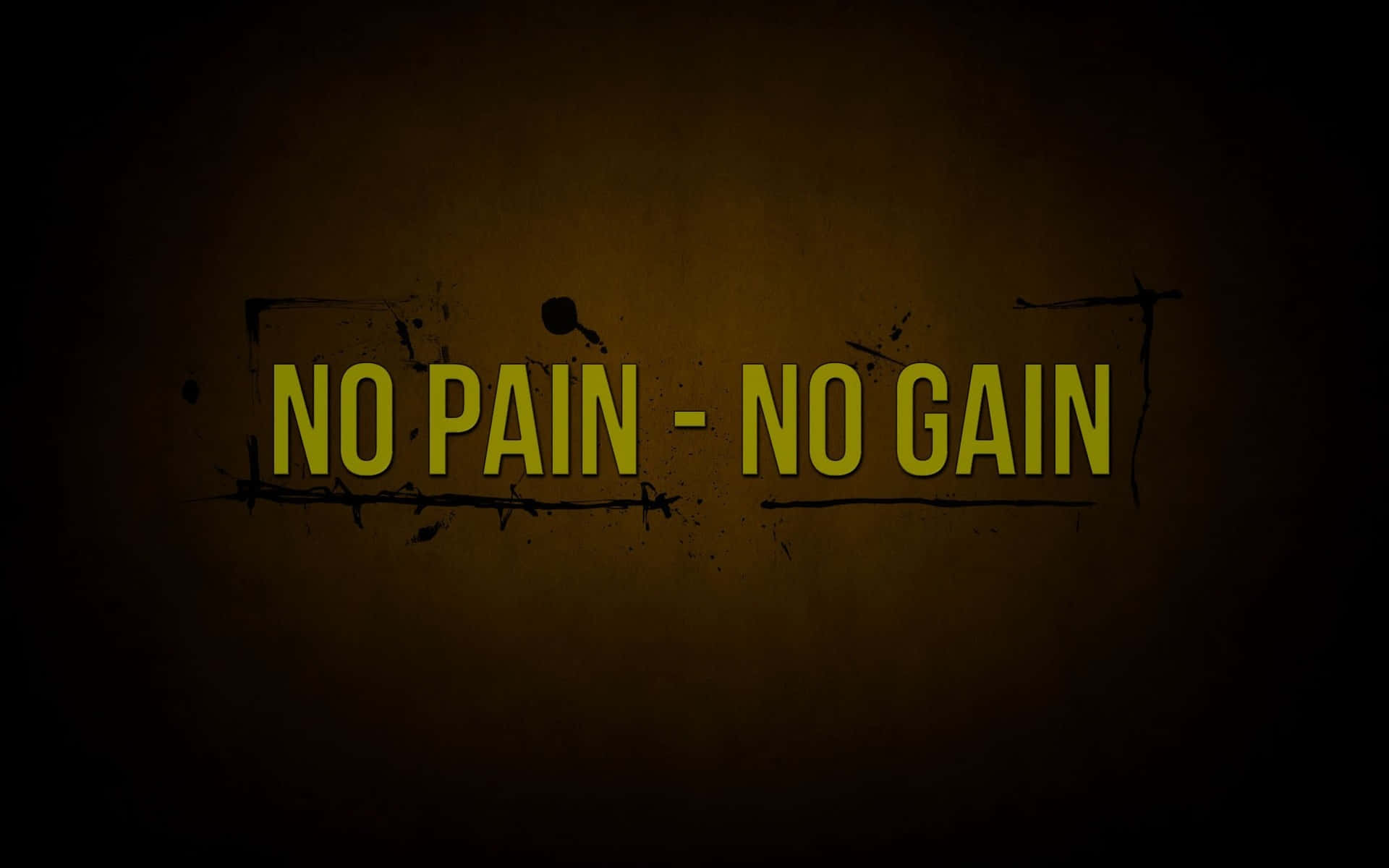 深棕色背景上帶有黑色濺墨的粗體黃色文字勵志名言 no pain no gain。