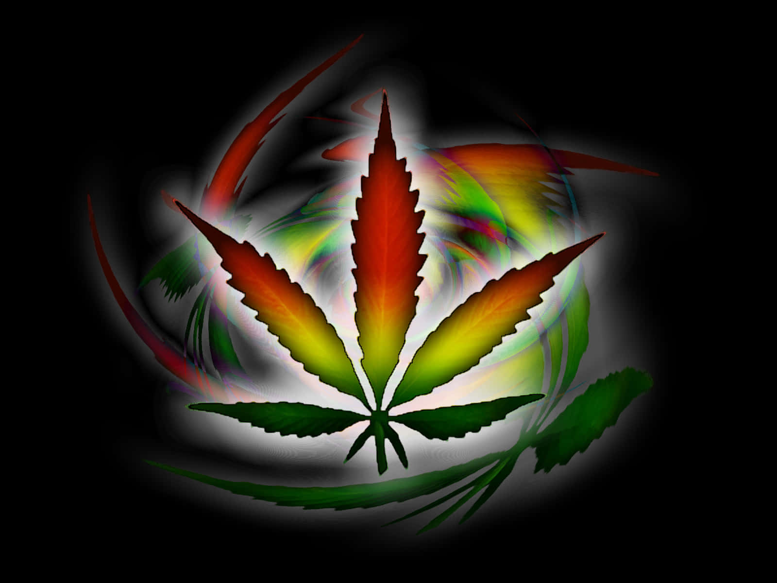 420 桌布 壁紙 — 一片充滿活力的大麻葉在旋轉的深色背景上散發出彩虹色調。