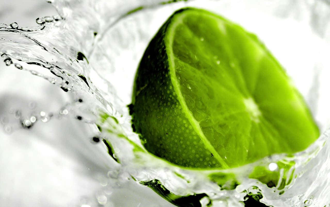 Lime 桌布 壁紙 — 一片充滿活力的綠色青檸片穿過清澈的水，在明亮的白色背景上產生動態的水花和飛濺的水滴。