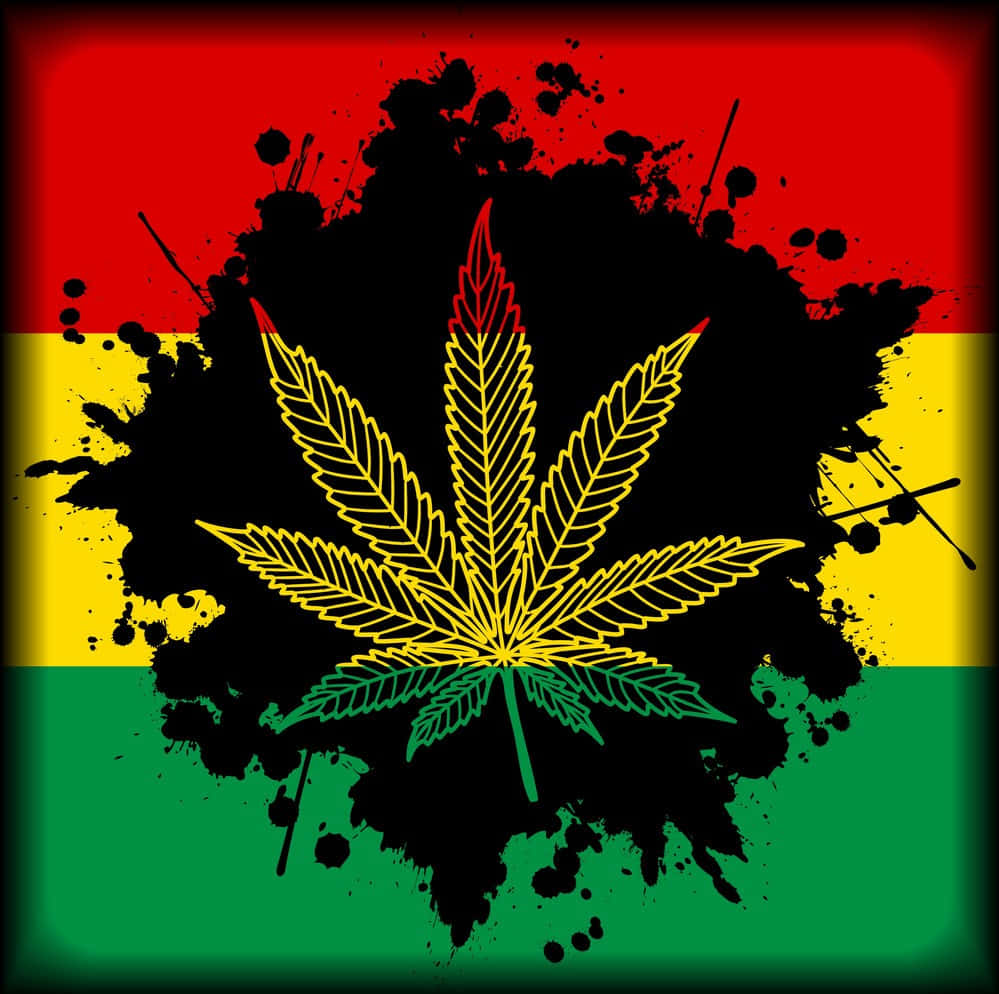 Jamaica 桌布 壁紙 — 一片大膽的黃綠色大麻葉，置於帶有黑色潑濺效果的紅黃綠拉斯塔法里旗幟中央。