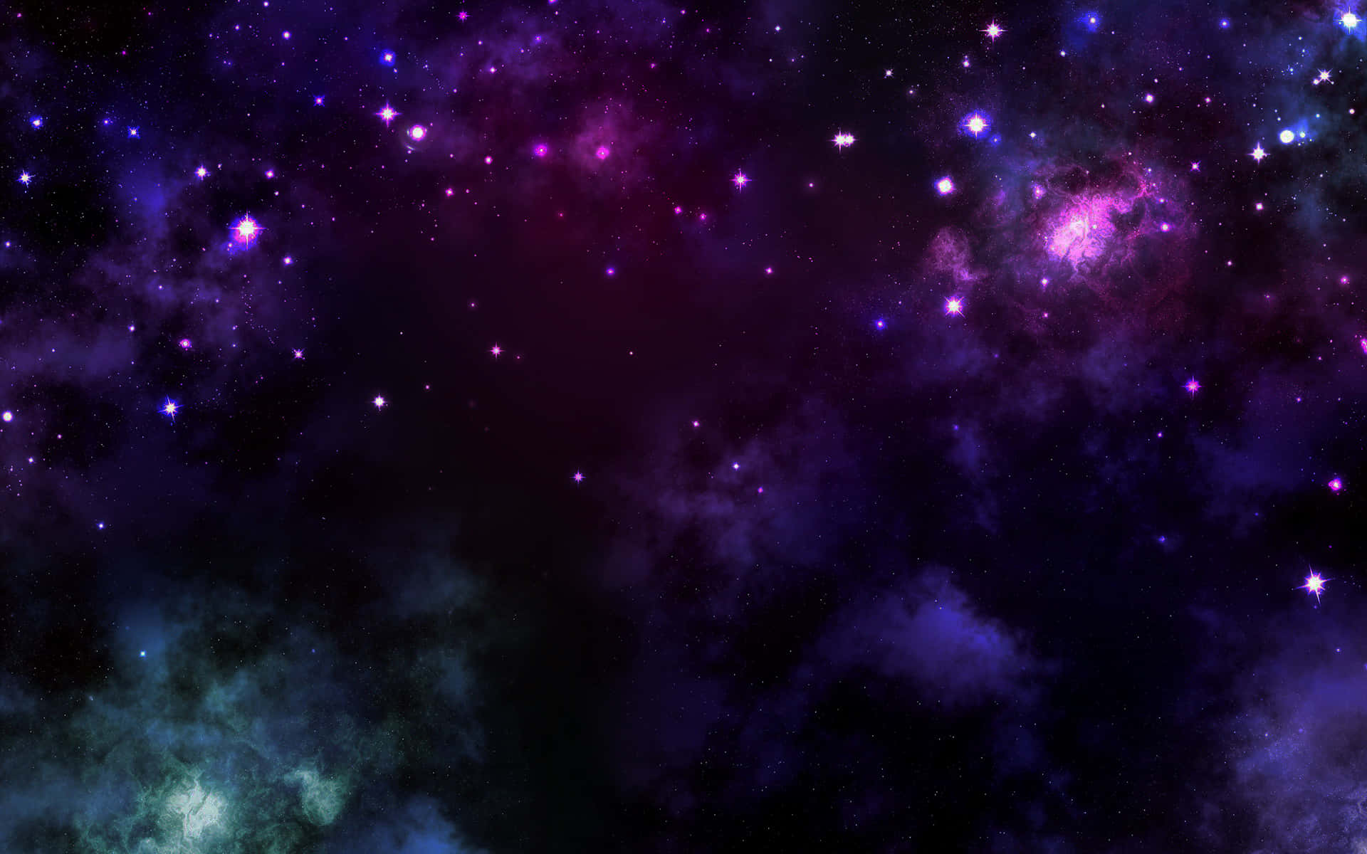 Beautiful Space 桌布 壁紙 — 一片宇宙空間，充滿了發光的紫色和藍色星雲，以及閃爍的星星，背景是深邃的黑色虛空。