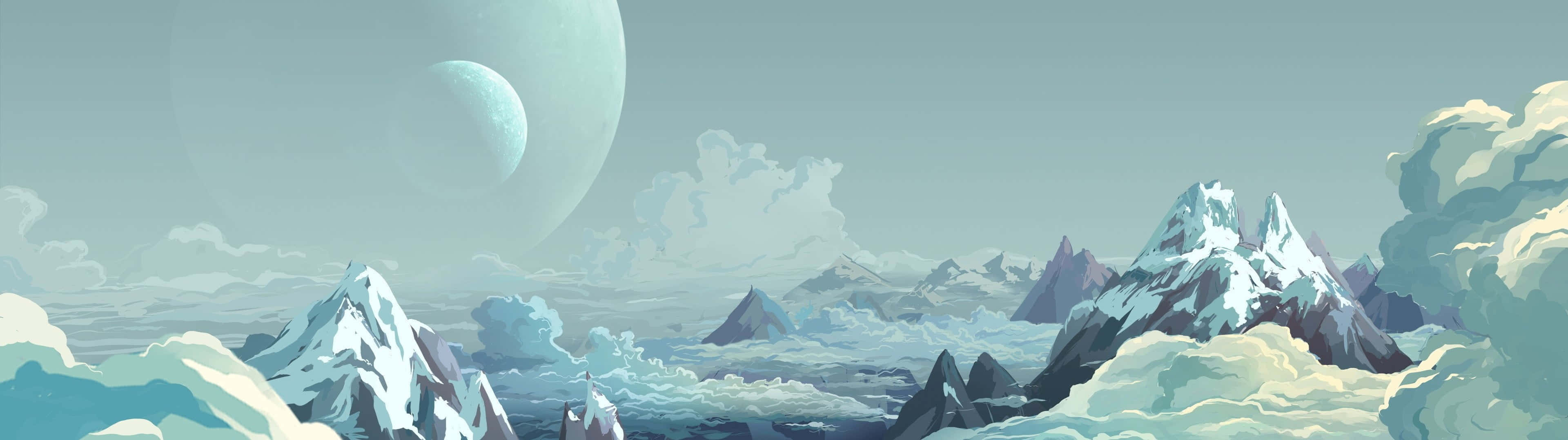 Space Art 桌布 壁紙 — 一片寧靜的冰雪山脈在蒼白的天空下延伸，上方有一輪大月亮和一彎新月柔和地發光。