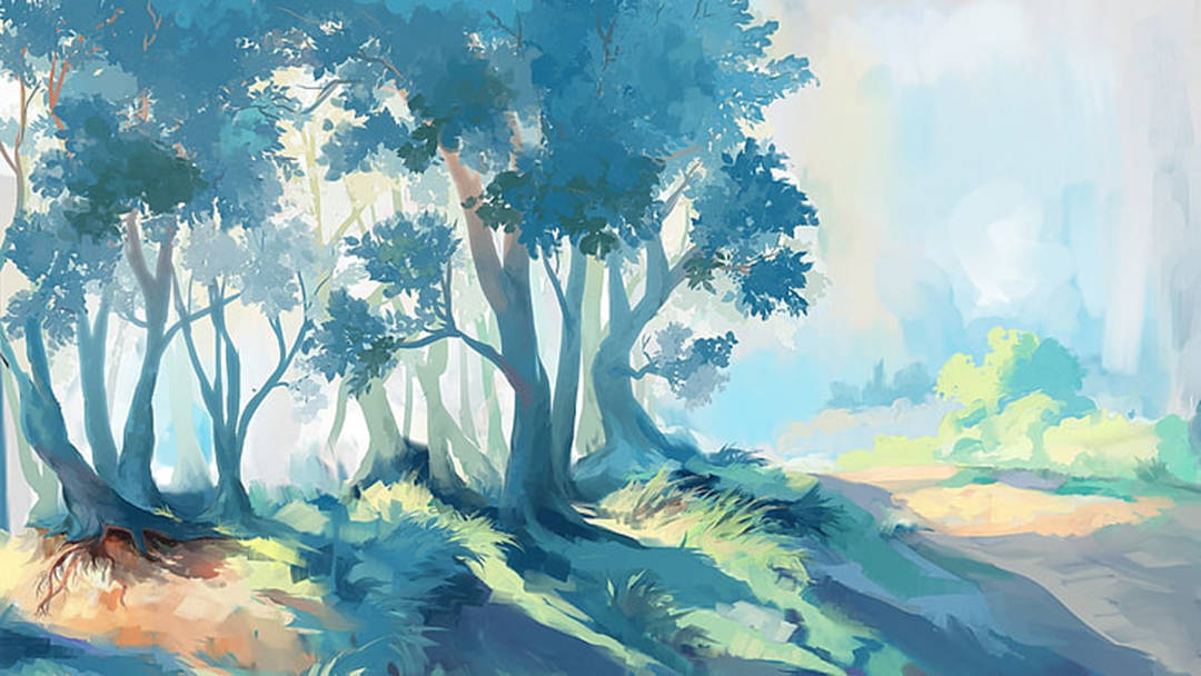 Painting 桌布 壁紙 — 一片寧靜的森林景色，高大的藍綠色樹木在朦朧的天空下，將柔和的陰影投射在陽光普照的小徑上。