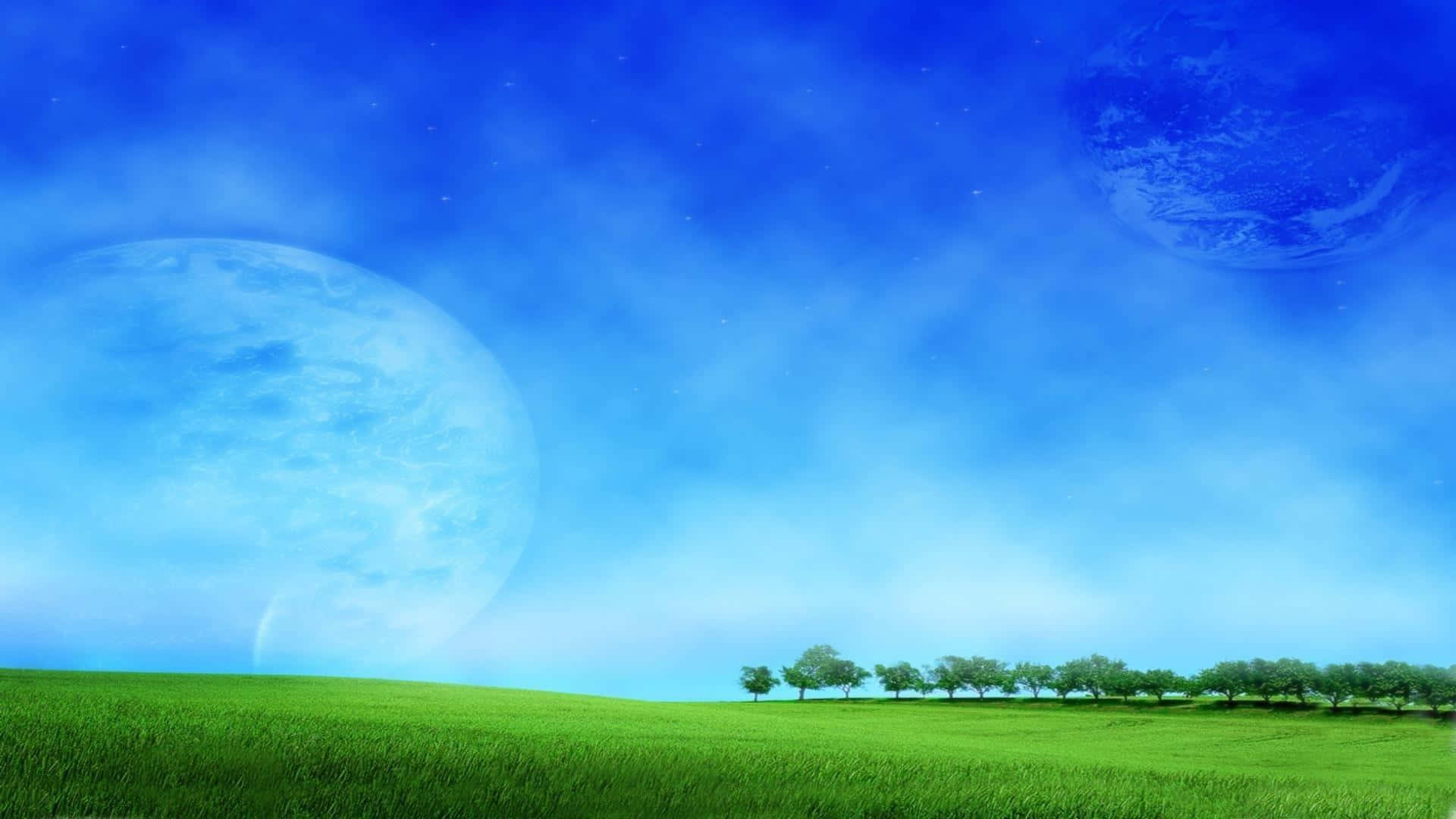 Photoshop HD 桌布 壁紙 — 一片寧靜的綠色田野在廣闊的藍天下延伸，天空中有兩個大月亮和遙遠的星星。