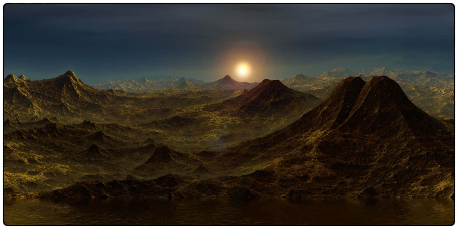 Terraforming 桌布 壁紙 — 一片廣闊的外星山脈沐浴在金色的日落光芒中，一顆發光的太陽懸浮在遠方山峰之上。