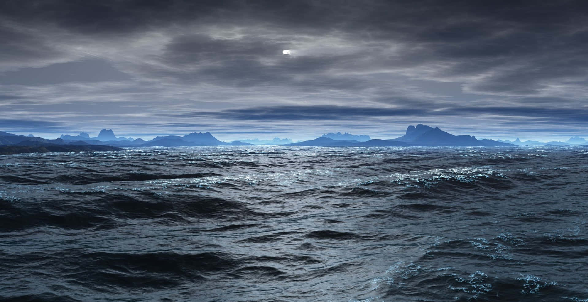 3d Ocean 桌布 壁紙 — 一片廣闊的黑暗海洋，波濤洶湧，延伸至遠方鋸齒狀的山脈，天空陰沉多雲，一輪蒼白的月亮高懸。