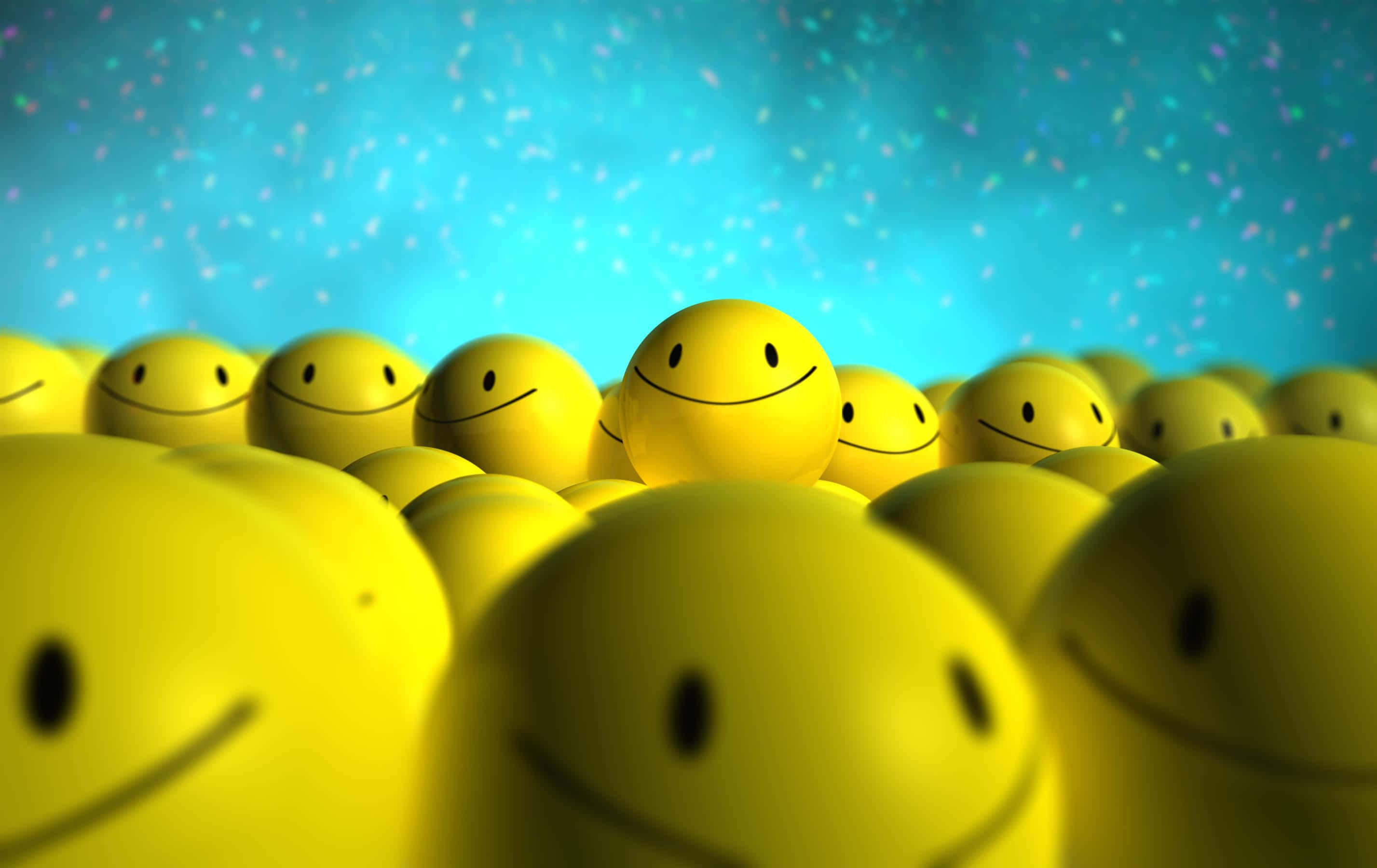 Smiley 桌布 壁紙 — 一片明亮的黃色笑臉，帶有簡單的黑色眼睛和彎曲的微笑，背景是閃閃發光的藍色。