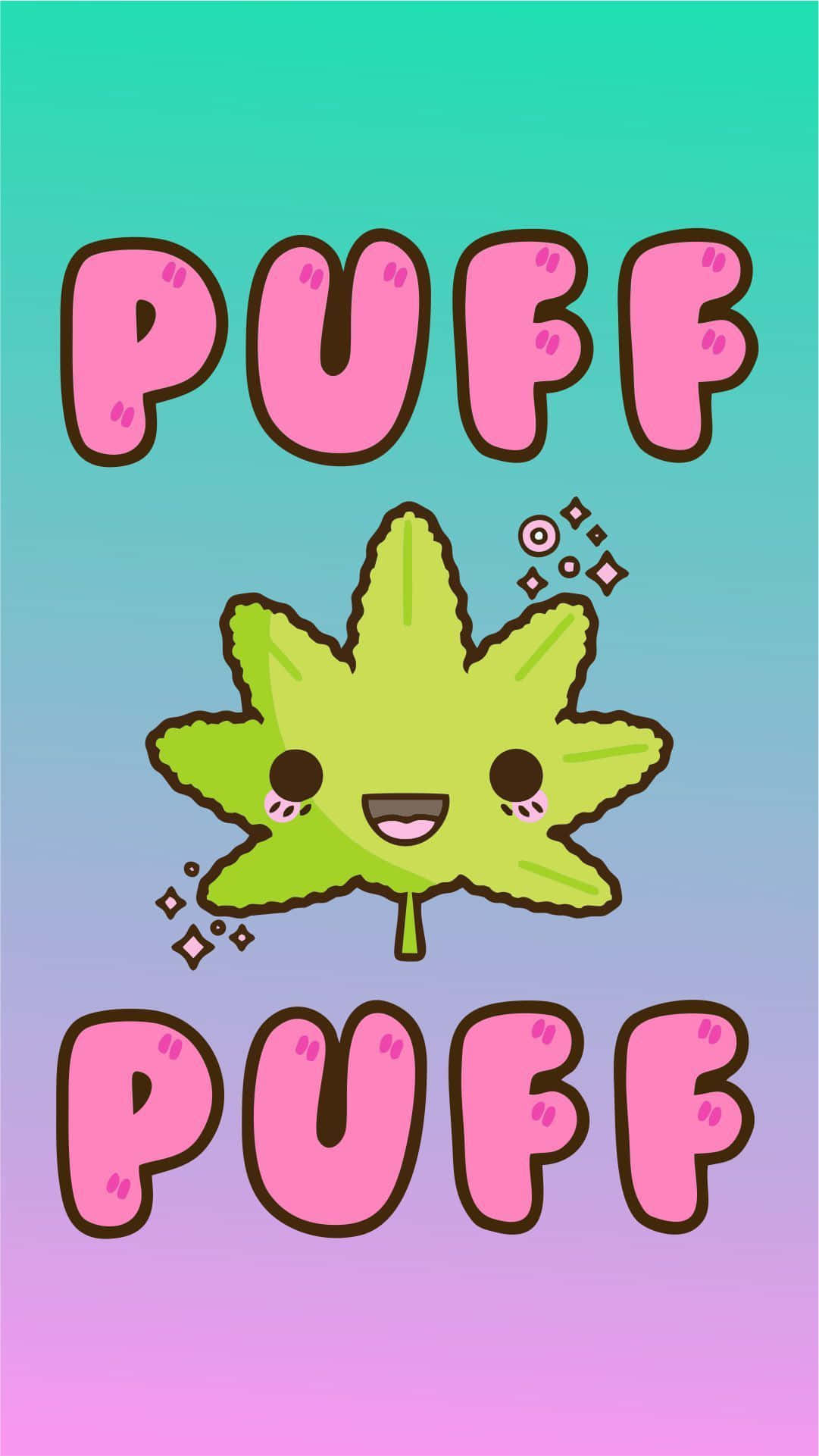 Shit Dope Cute Weed 壁紙 — 一片歡樂的綠色楓葉，帶有微笑的臉和閃光，漂浮在粉紅色「PUFF」文字之間，背景為從藍綠色到紫色的漸變。