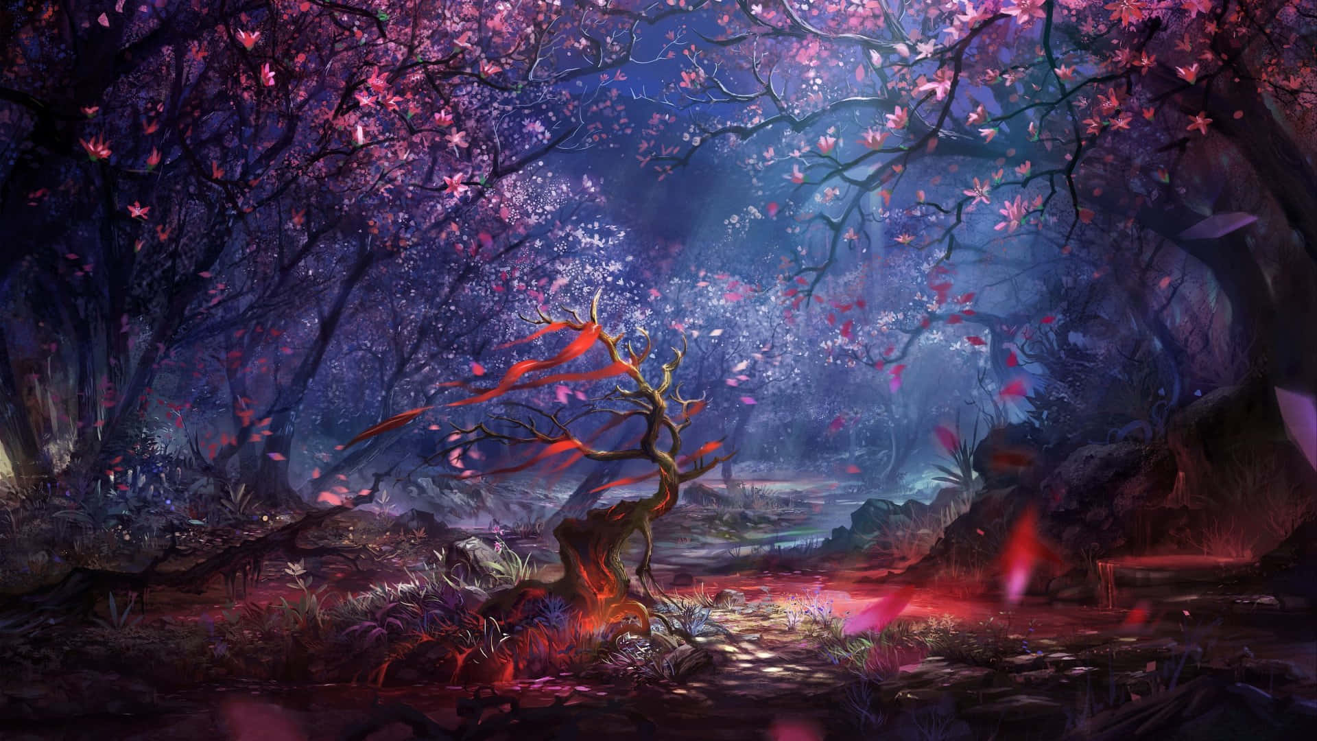 Magical Forest 桌布 壁紙 — 一片沐浴在暮色中的神秘森林，有發光的粉紅色花朵和一棵孤獨的樹，裝飾著火紅的絲帶。