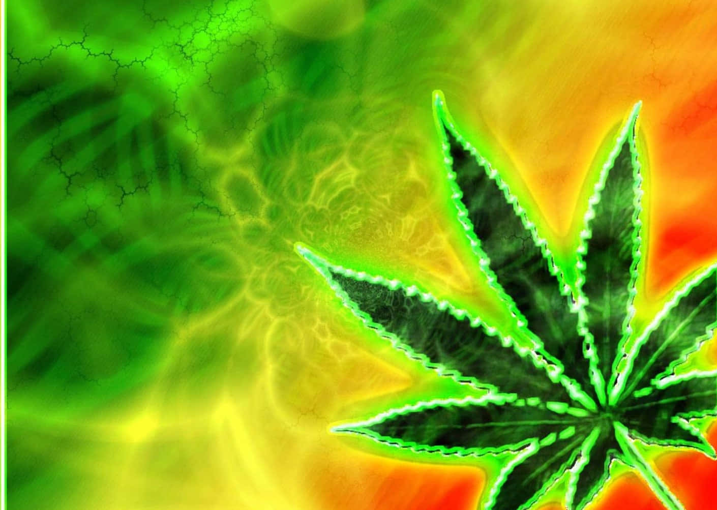 420 桌布 壁紙 — 一片發光的大麻葉，邊緣帶有霓虹綠色，在帶有分形圖案的綠色、黃色和橙色迷幻漸變中散發光芒。