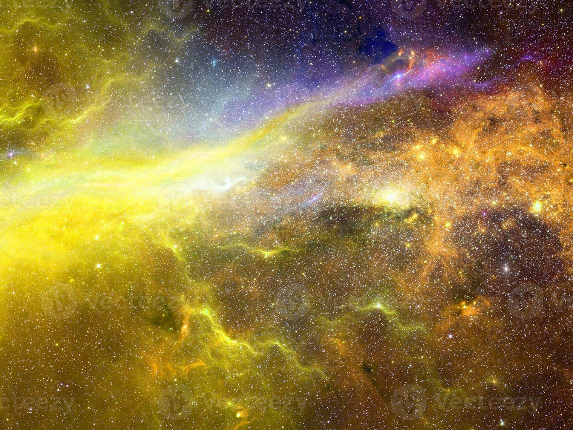 充滿活力的宇宙星雲，帶有旋轉的金色橙色和紫色雲層及星星。