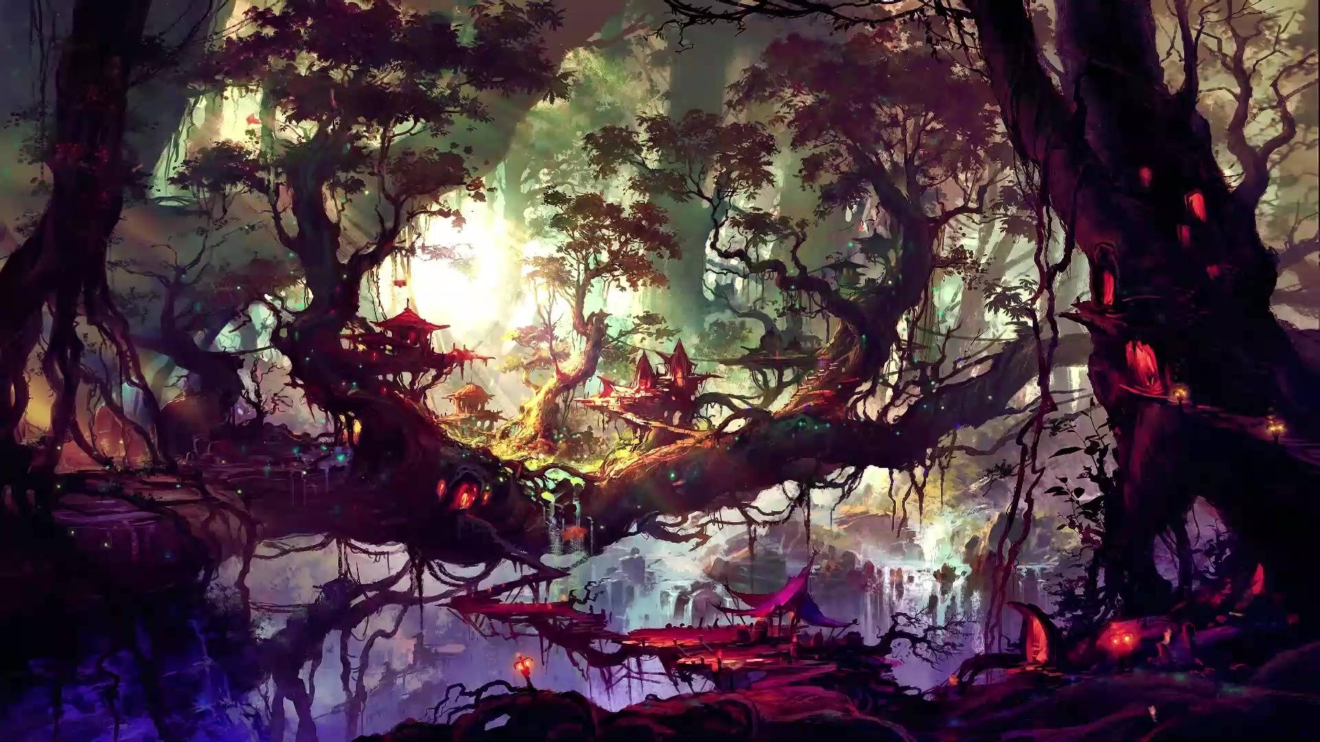 House 桌布 壁紙 — 一片神秘的森林，發光的紅色燈籠掛在扭曲的古樹上，天空明亮。