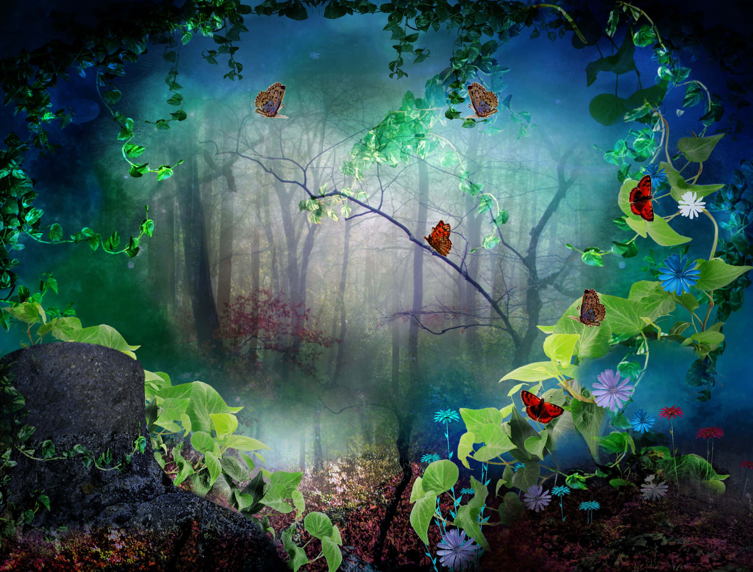 3d Forest 桌布 壁紙 — 一片神秘的森林散發著霓虹綠的藤蔓和色彩繽紛的蝴蝶，在霧氣籠罩的樹冠下圍繞著發光的花朵翩翩起舞。