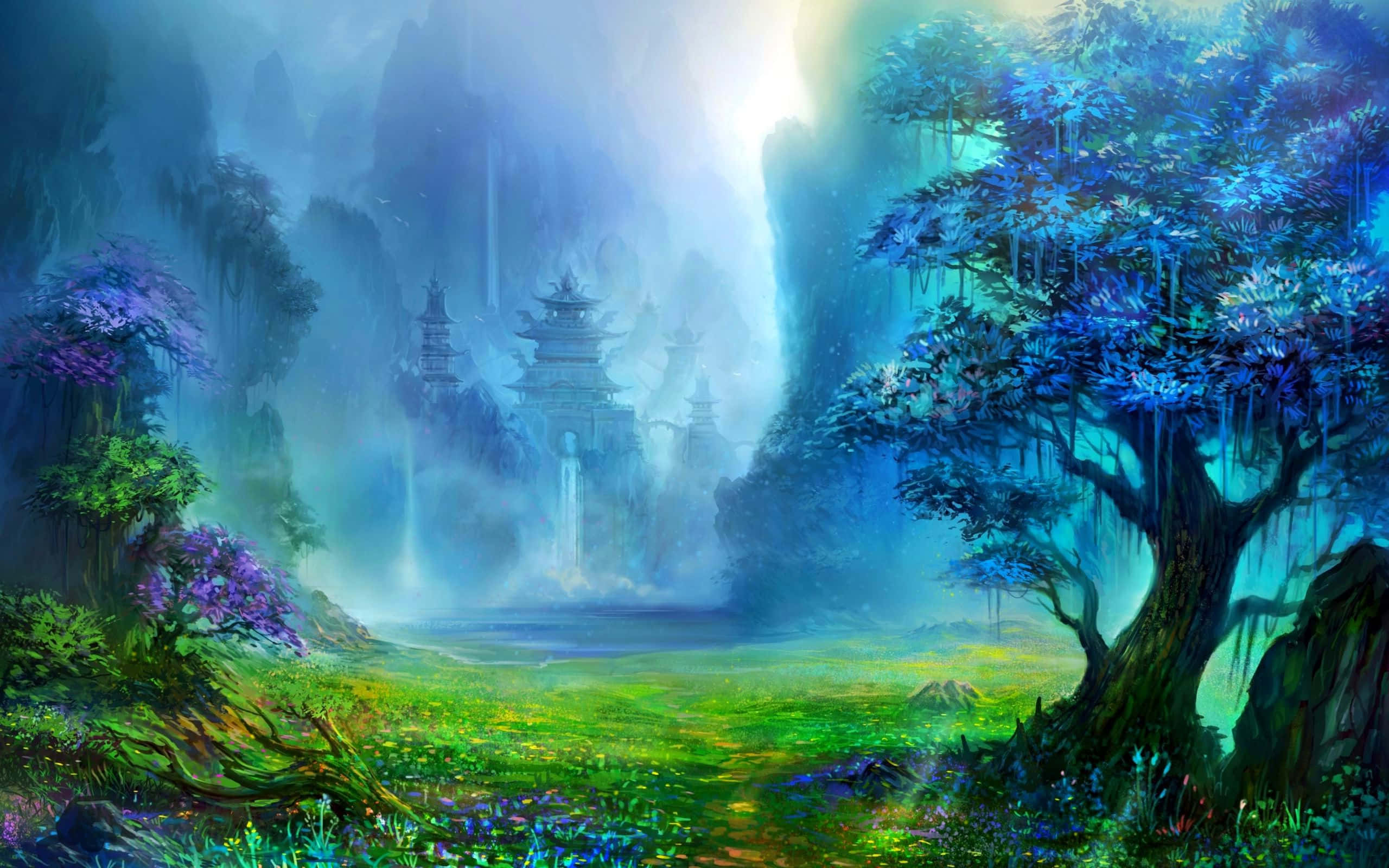 Land Art 桌布 壁紙 — 一片神秘的森林閃爍著鮮豔的藍色和綠色，古老的寶塔在霧氣繚繞的山巒間升起，沐浴在空靈的光芒中。