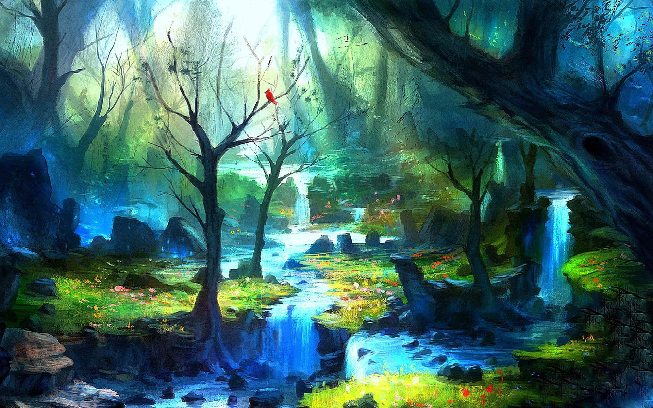 Magical Forest 桌布 壁紙 — 一片神秘的森林閃耀著翡翠和藍寶石的光芒，一隻紅鳥棲息在瀑布上方光禿的樹枝上。
