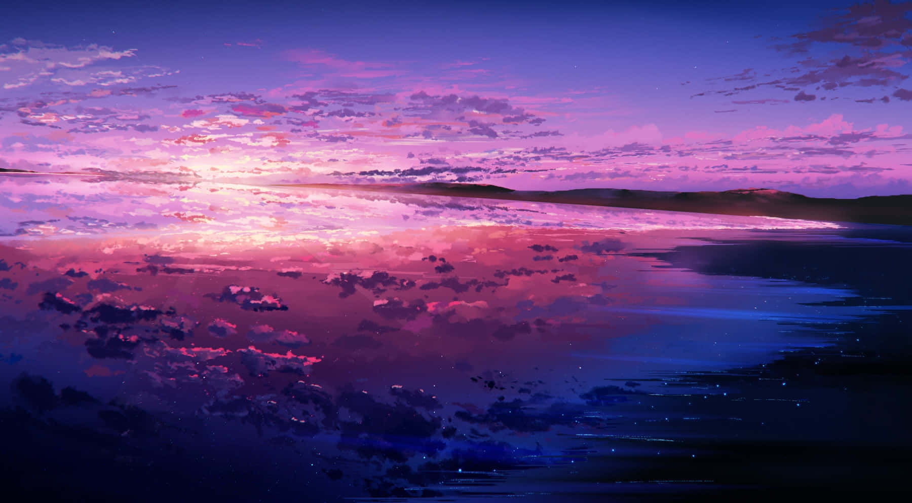 Anime Sunset 桌布 壁紙 — 一片粉紅與紫色的寧靜暮色天空，完美倒映在繁星點點地平線下的平靜湖面上。