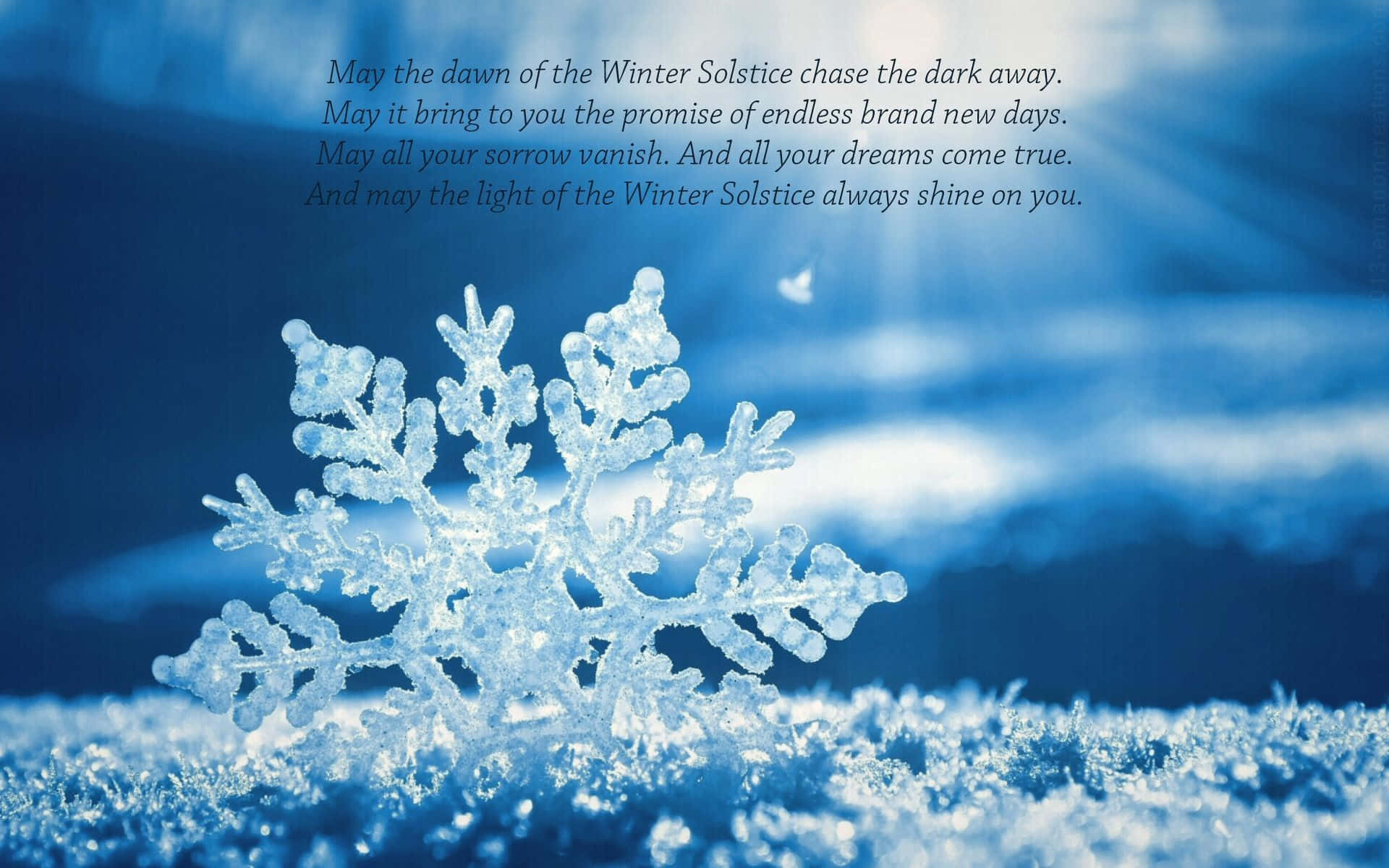 winter solstice 桌布 壁紙 — 一片精緻、細節複雜的雪花停留在結霜的地面上，背景是柔和的藍色暮色天空，並覆蓋著鼓舞人心的文字。