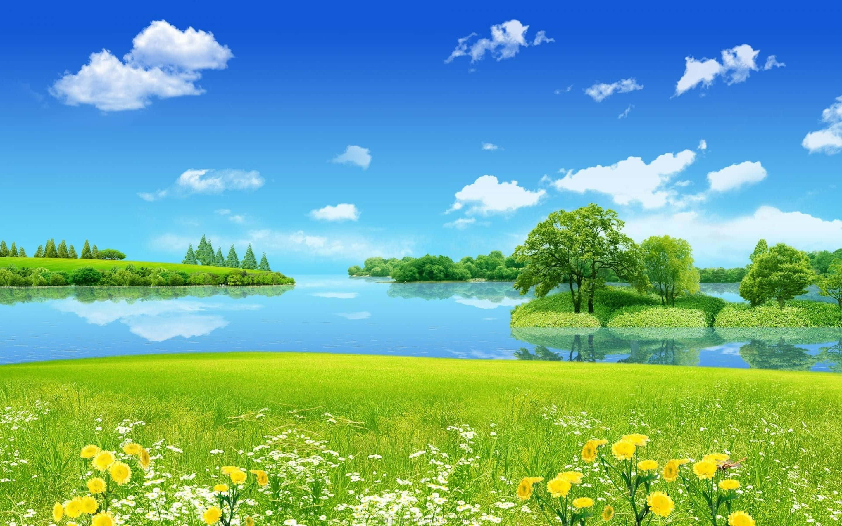 一片綠油油的田野，有花朵和湖泊 壁紙