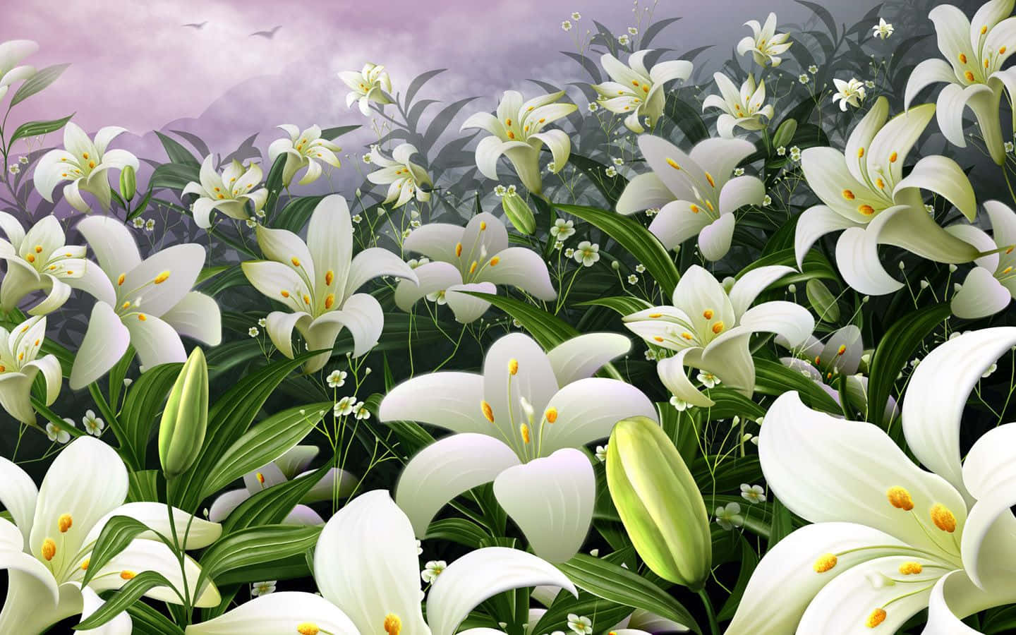 lily 桌布 壁紙 — 一片茂盛的白百合花田，黃色花心，在柔和的紫色天空下綻放，遠處有鳥兒飛翔。