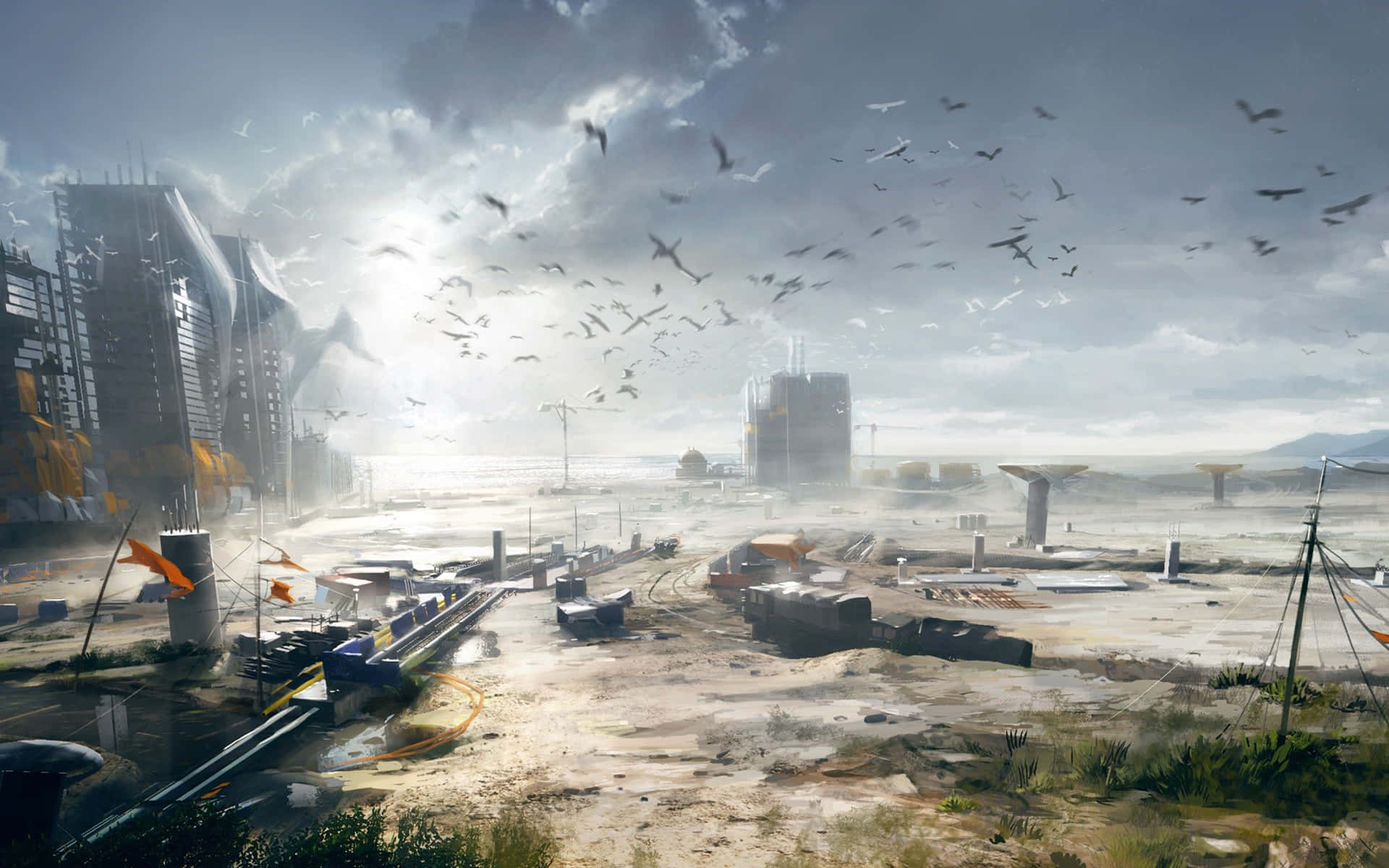 Battlefield 桌布 壁紙 — 一片荒涼的城市廢墟，有搖搖欲墜的摩天大樓和散落的碎片，天空多雲，飛鳥成群。