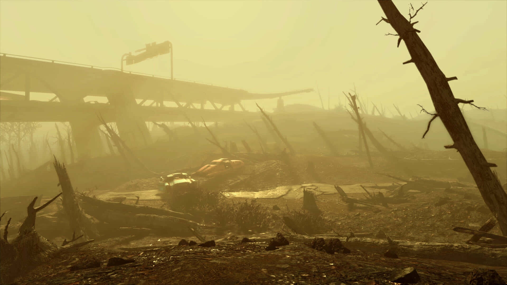 Fallout 4 Wasteland 桌布 壁紙 — 一片荒涼的末日後廢土，有破損的橋樑和枯樹，籠罩在朦朧的橙色天空下。