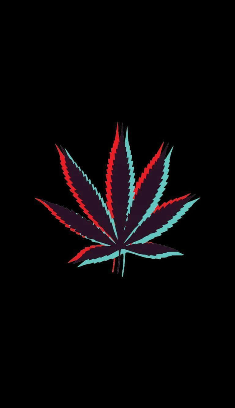 Weed Leaf 桌布 壁紙 — 一片風格化的大麻葉，帶有紅色和藍綠色的鋸齒邊緣，在純黑色背景上發光。