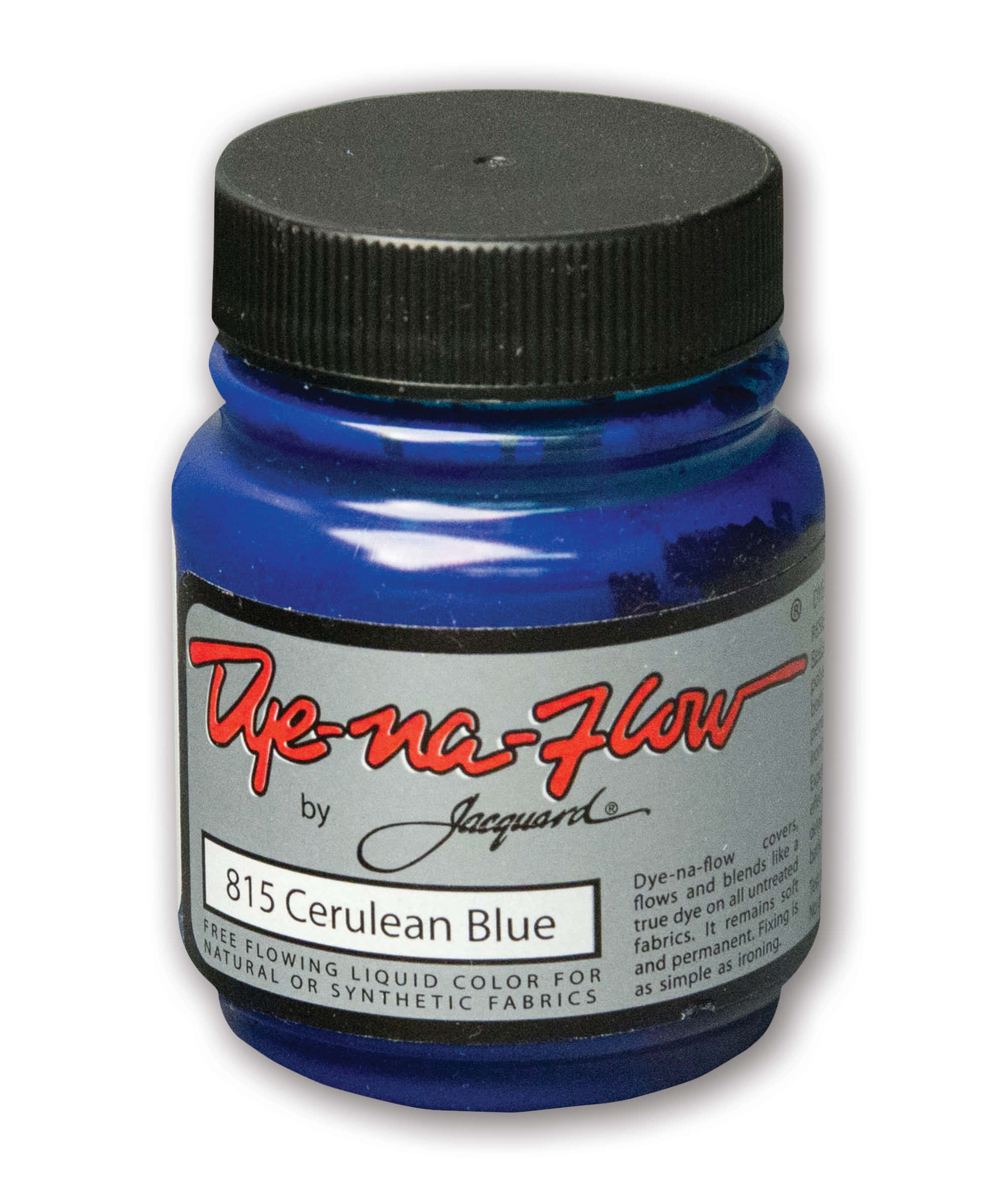 Cerulean Blue 桌布 壁紙 — 一瓶充滿活力的蔚藍色Jacquard Dye-na-Flow布料染料，配有黑色瓶蓋和詳細標籤。