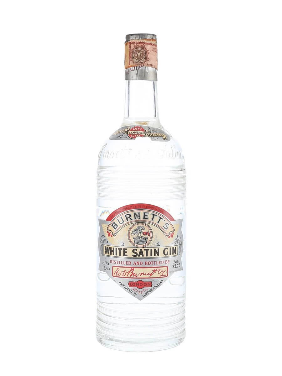 Burnett's White Satin Gin 壁紙 — 一瓶清澈的玻璃瓶裝Burnett's White Satin Gin，孤立在純白背景上，展示其復古標籤和銀色瓶蓋。