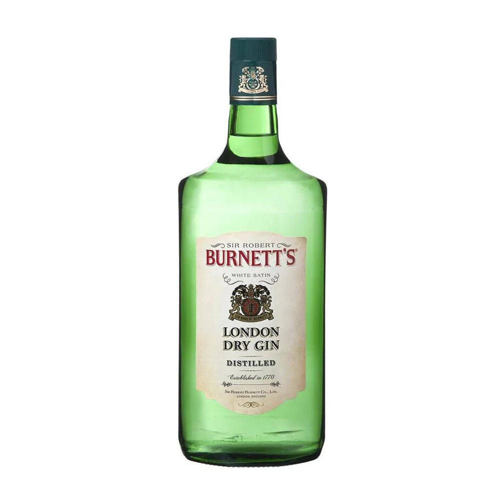 Burnett's London Dry Gin 壁紙 — 一瓶清澈的綠色 Sir Robert Burnett's London Dry Gin 酒瓶，置於純白背景中央，帶有復古標籤細節。