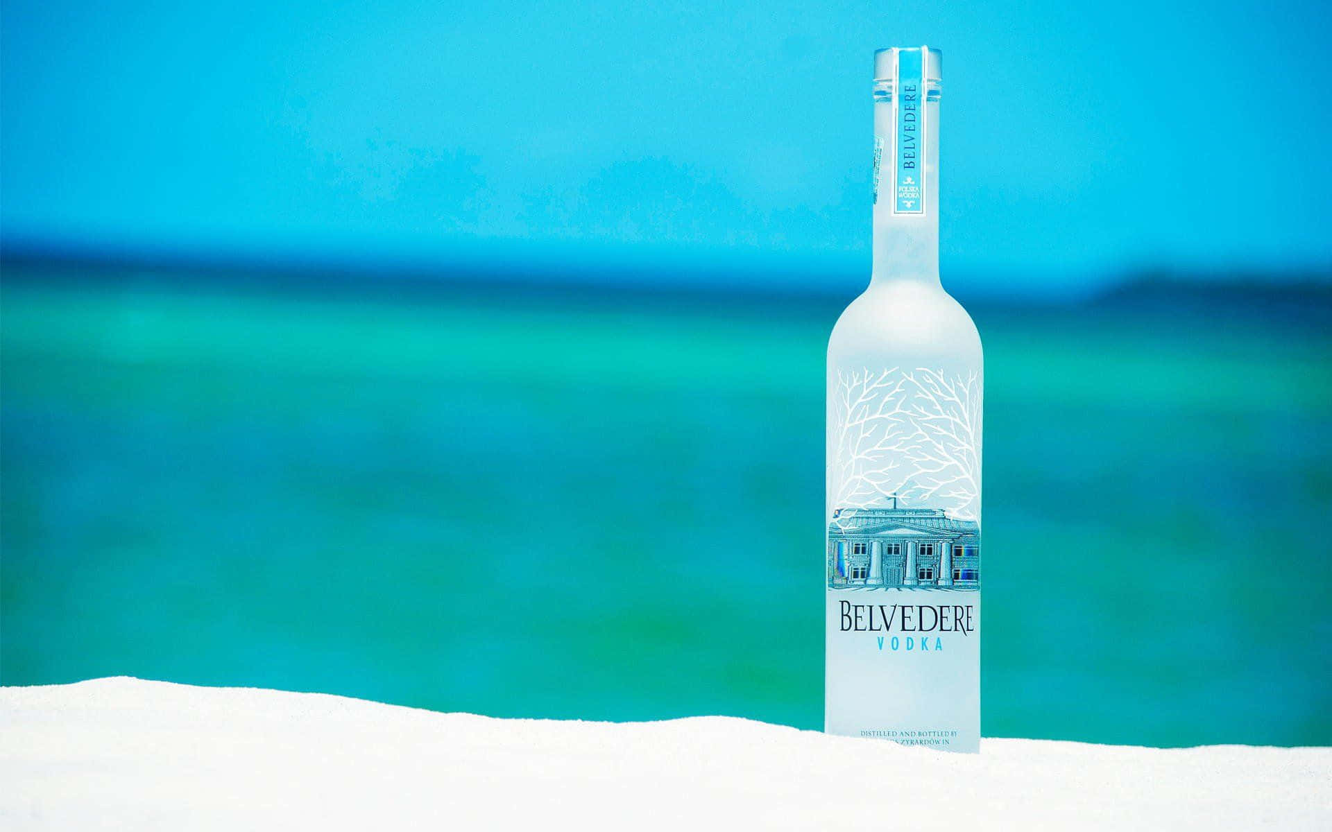 alcohol 桌布 壁紙 — 一瓶結霜的Belvedere伏特加酒瓶矗立在白色沙灘上，背景是清澈藍天下充滿活力的藍綠色海洋。
