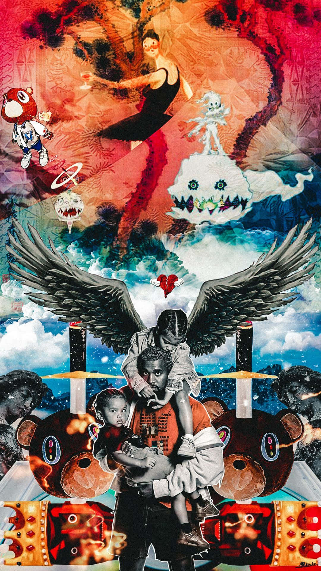 一男一女長著翅膀的拼貼畫 壁紙 — 一個超現實的拼貼畫，描繪一個有翅膀的男人抱著孩子，周圍有漂浮的頭骨、卡通角色和宇宙雲彩，色彩鮮豔的紅、藍和橙色。