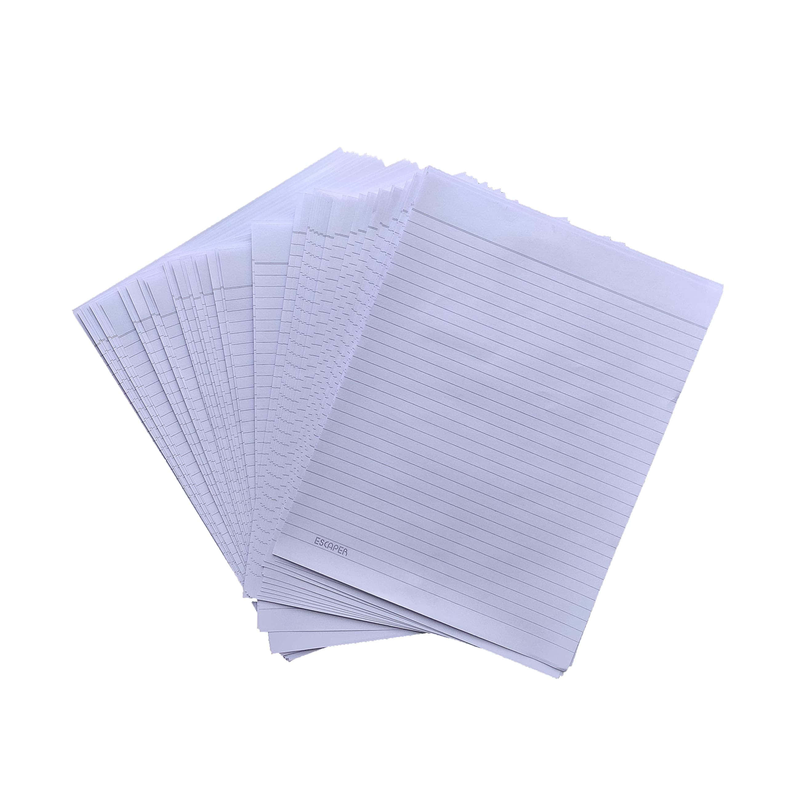 Sheet 桌布 壁紙 — 一疊扇狀展開的白底橫線紙，其中一張印有'ESCAPER'，背景為純白。