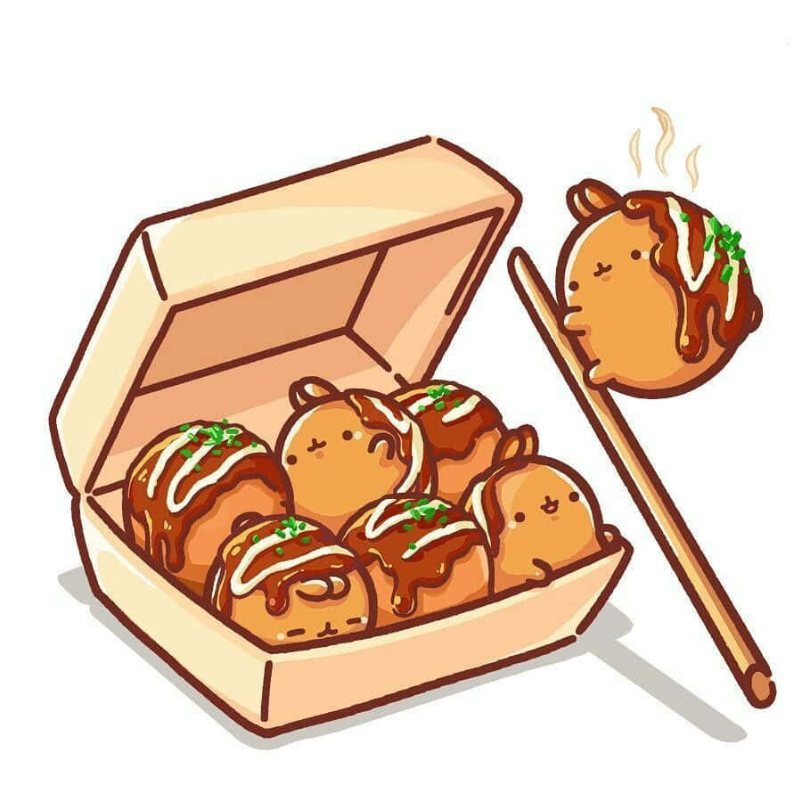 Kawaii Food 桌布 壁紙 — 一盒可愛卡通章魚燒波波，有表情同醬汁滴落，其中一個用竹籤拮住，冒住蒸氣。