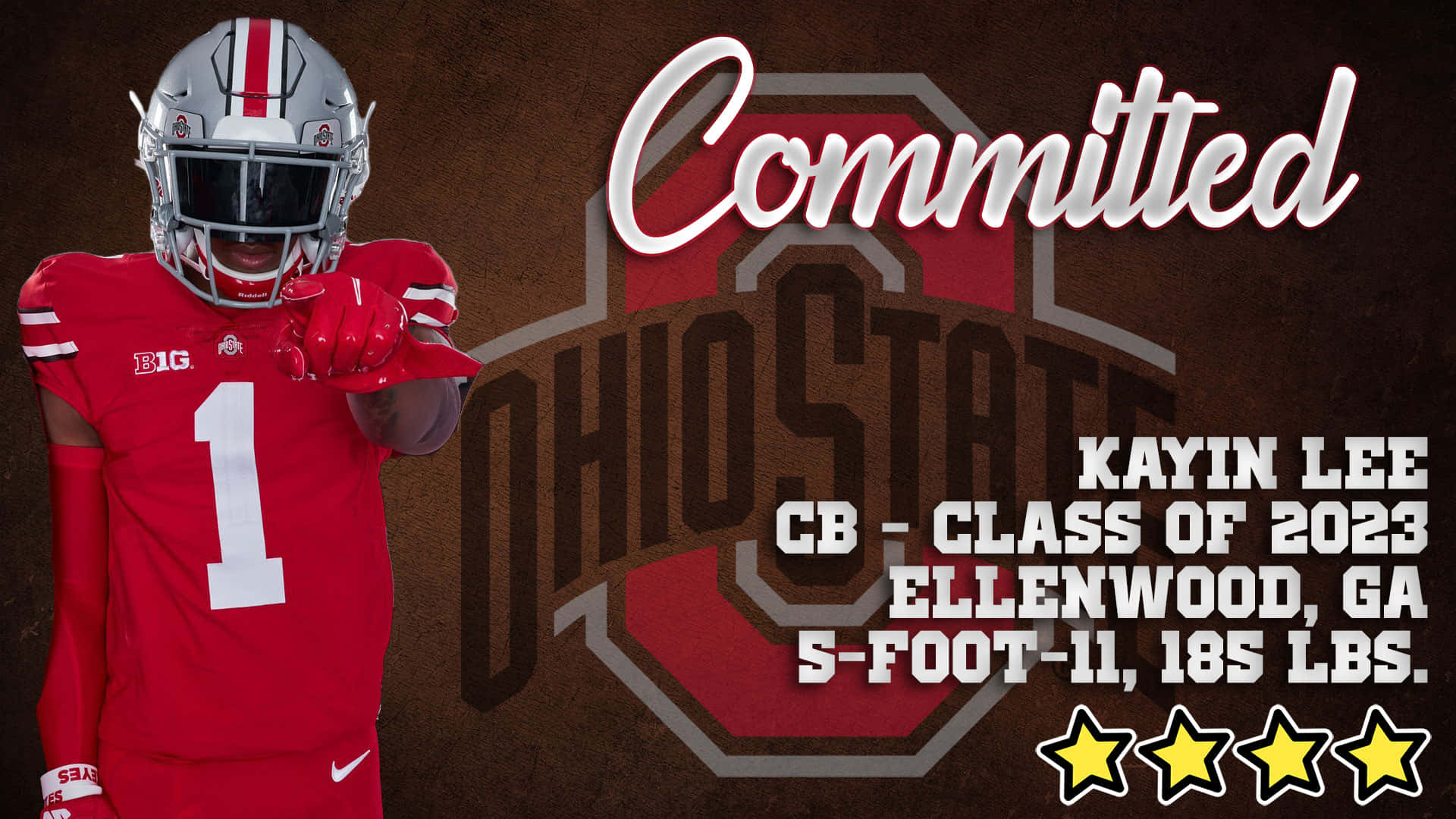 身穿紅色俄亥俄州立大學球衣的足球員指向帶有「Committed」文字和球隊標誌。