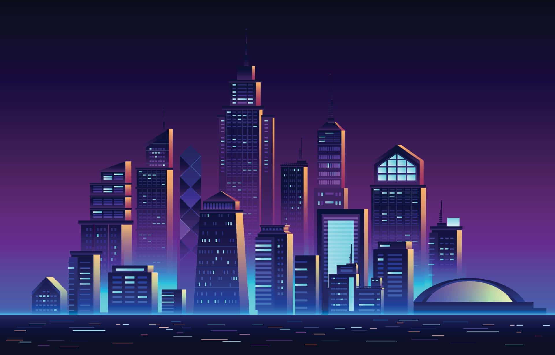 一瞥宏偉的未來都市 壁紙 — 夜晚霓虹燈照亮的未來城市天際線，發光的摩天大樓襯托著深紫色漸變天空。