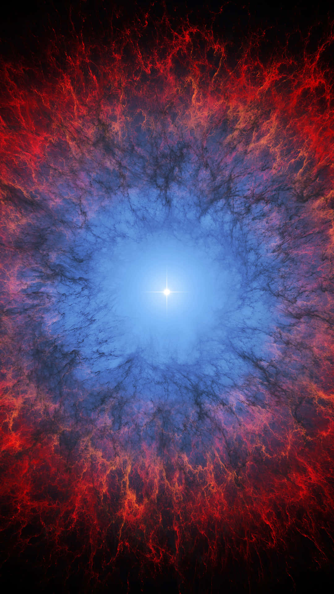 一瞥超新星的迷人之美 壁紙 — 一個宇宙星雲，中心呈亮藍色，火紅色的觸手在黑暗虛空中向外旋轉。