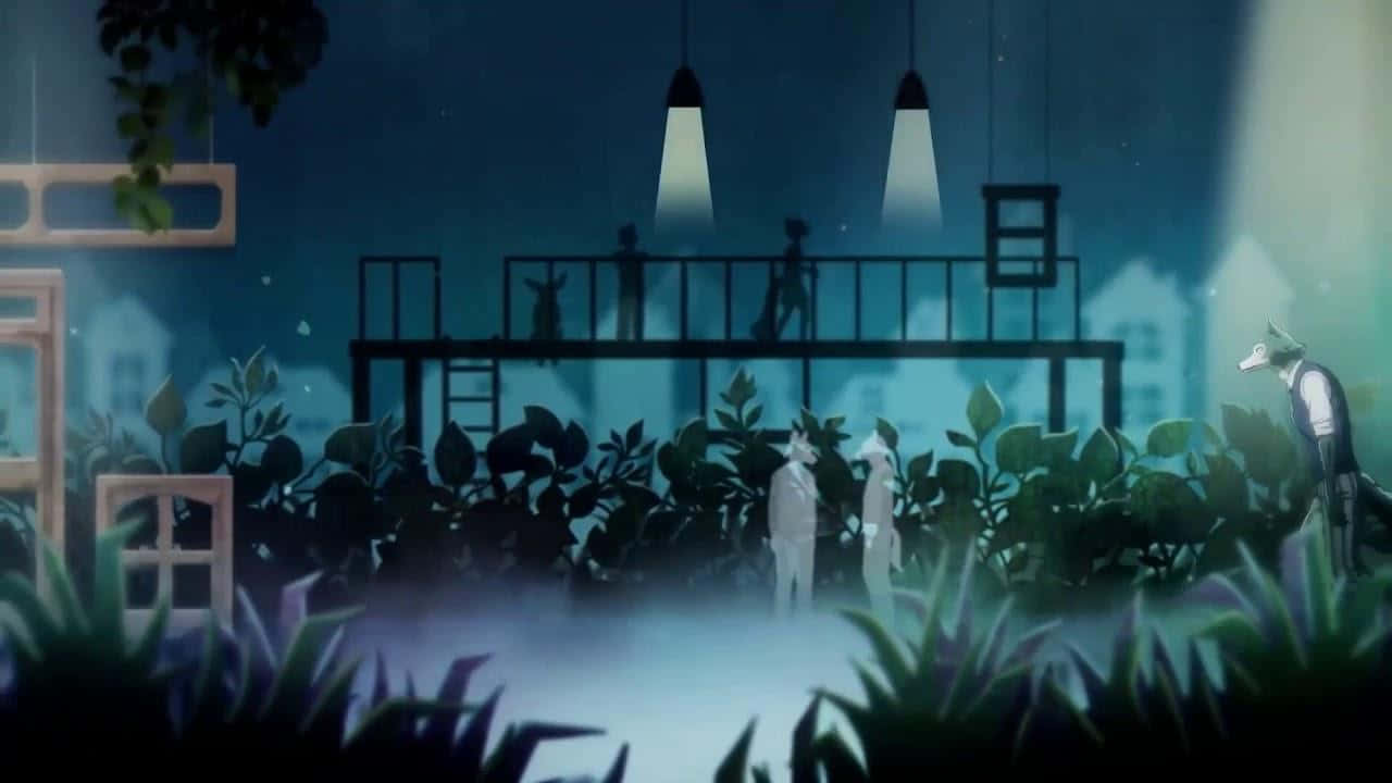 「一瞬的孤獨」 壁紙 — 夜晚，霧氣籠罩的屋頂花園上，剪影人物站在發光的吊燈下，下方是茂密的樹葉。