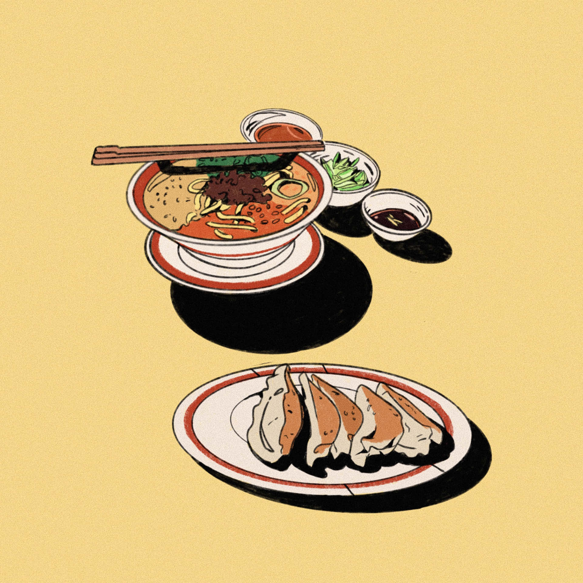 Japanese Culture 桌布 壁紙 — 一碗冒煙的拉麵配筷子和小菜，旁邊一盤餃子的風格化插圖。