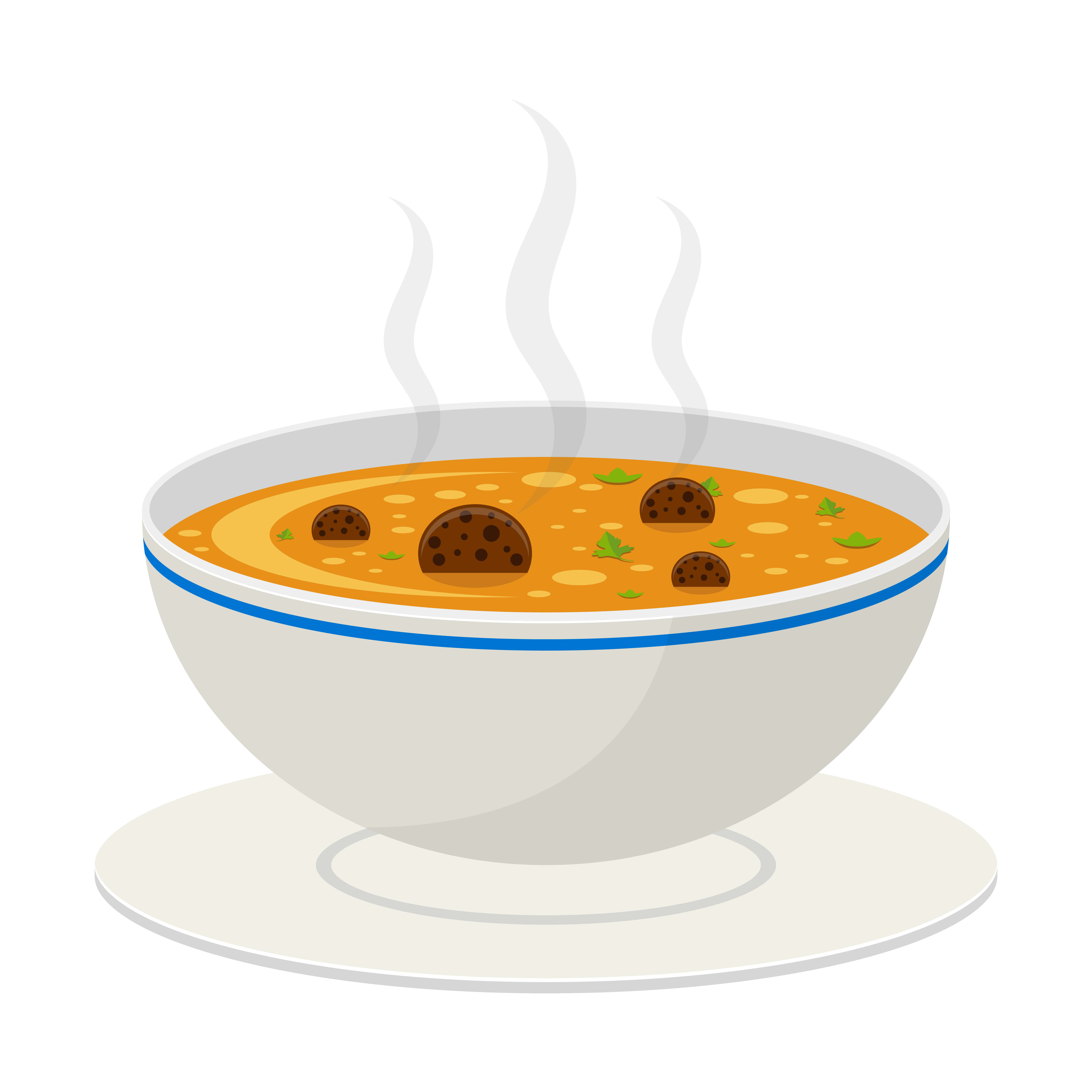 Soup 桌布 壁紙 — 一碗冒煙的橙色湯，裡面有餃子和綠色香草，放在白色碟子上。