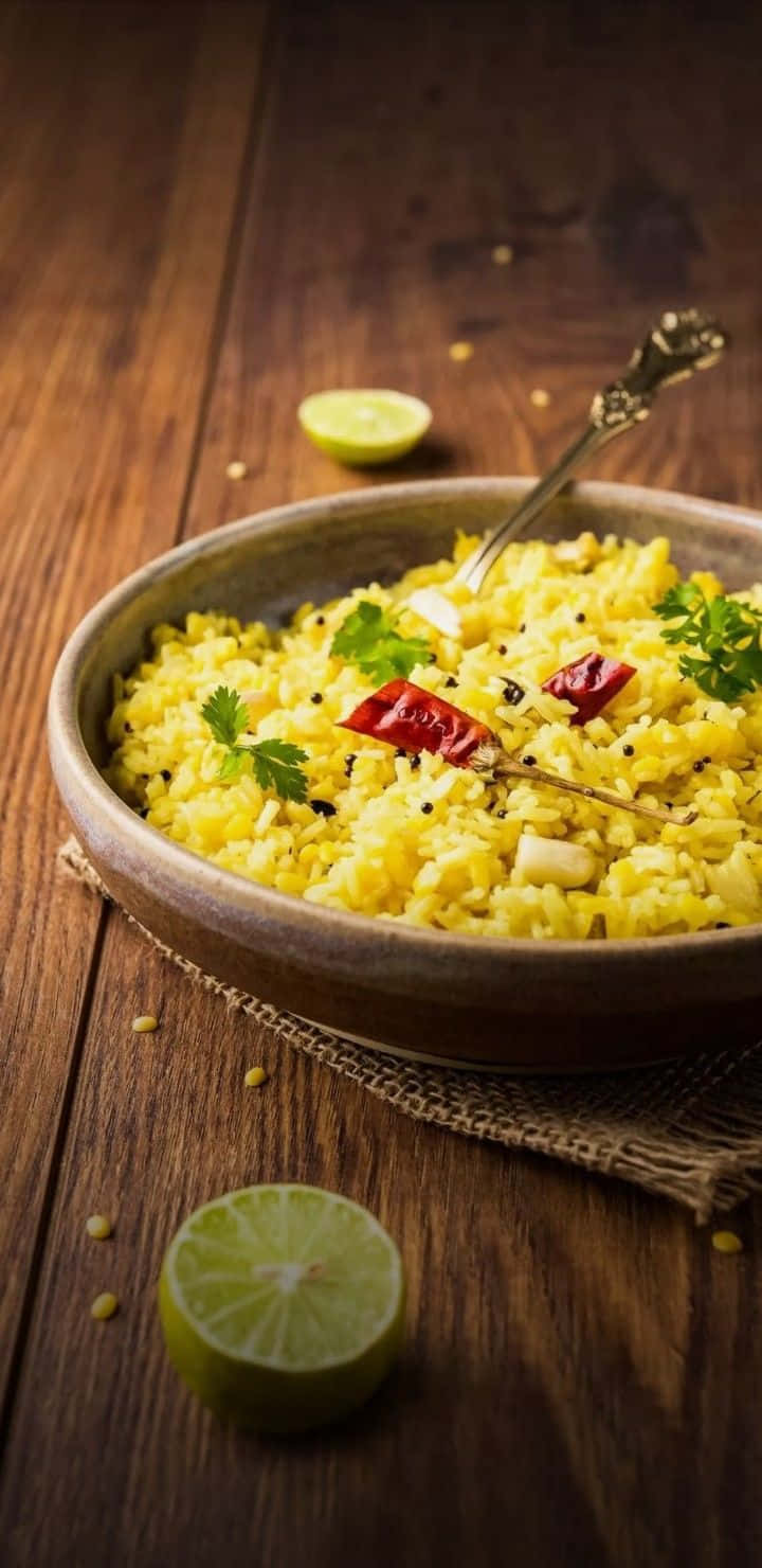 Indian Food 桌布 壁紙 — 一碗鄉村風格的鮮黃色米飯，飾以紅辣椒和芫荽，放在木桌上，旁邊有青檸半個。
