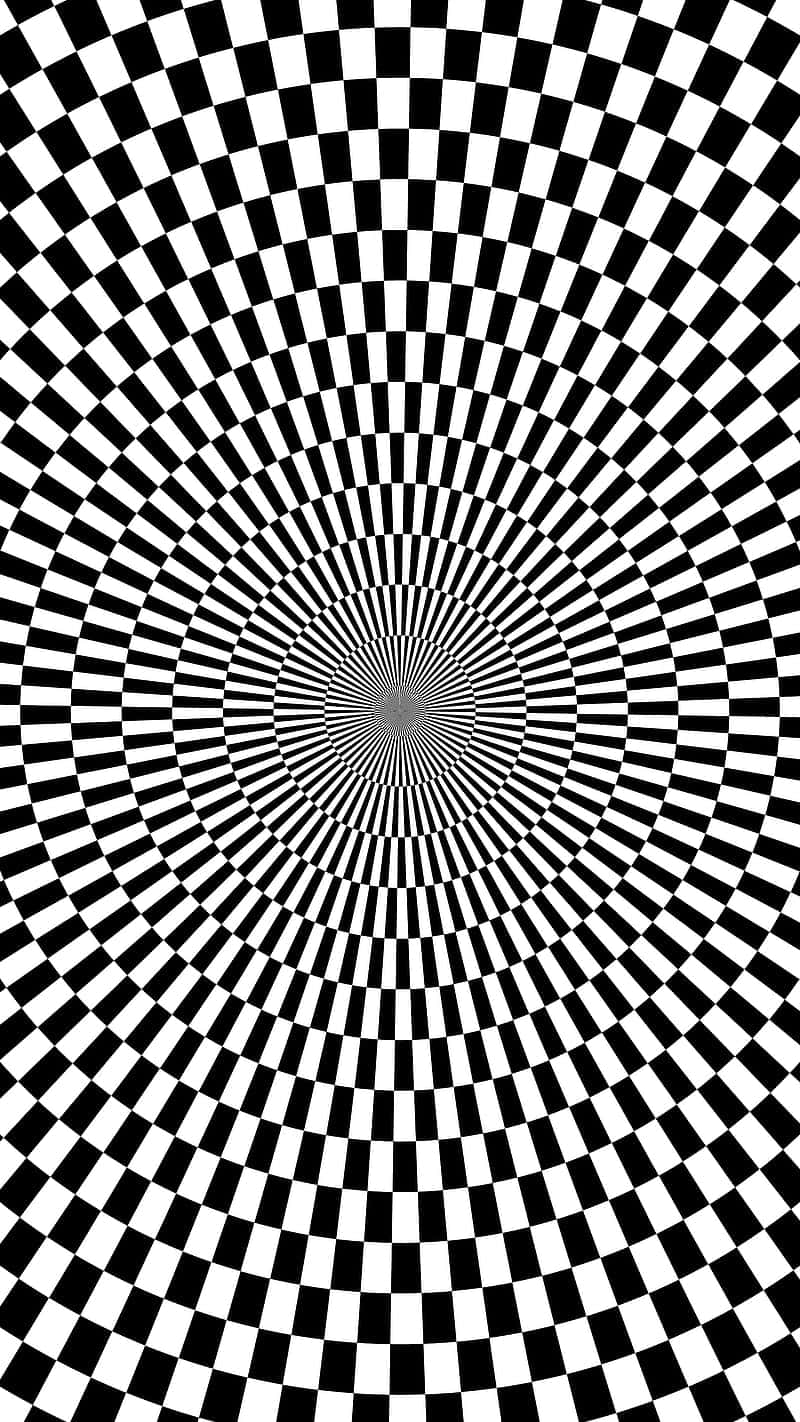  壁紙 — 一種催眠般的黑白視覺錯覺，帶有放射狀棋盤格圖案，匯聚向中央漩渦。