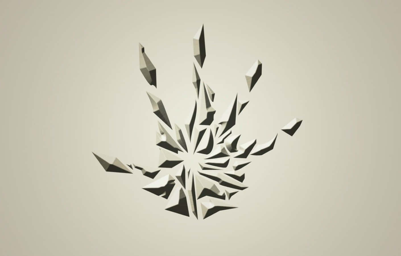 Frostbite 桌布 壁紙 — 一種風格化的抽象爆炸，尖銳的幾何碎片在柔和的米色背景上向外輻射。