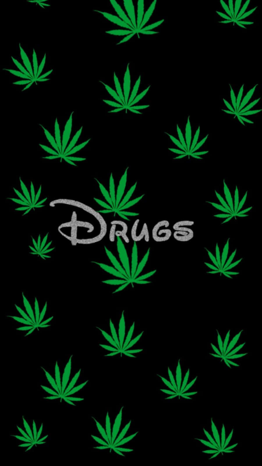 黑色背景上，迪士尼字體嘅「drugs」同綠色大麻葉。