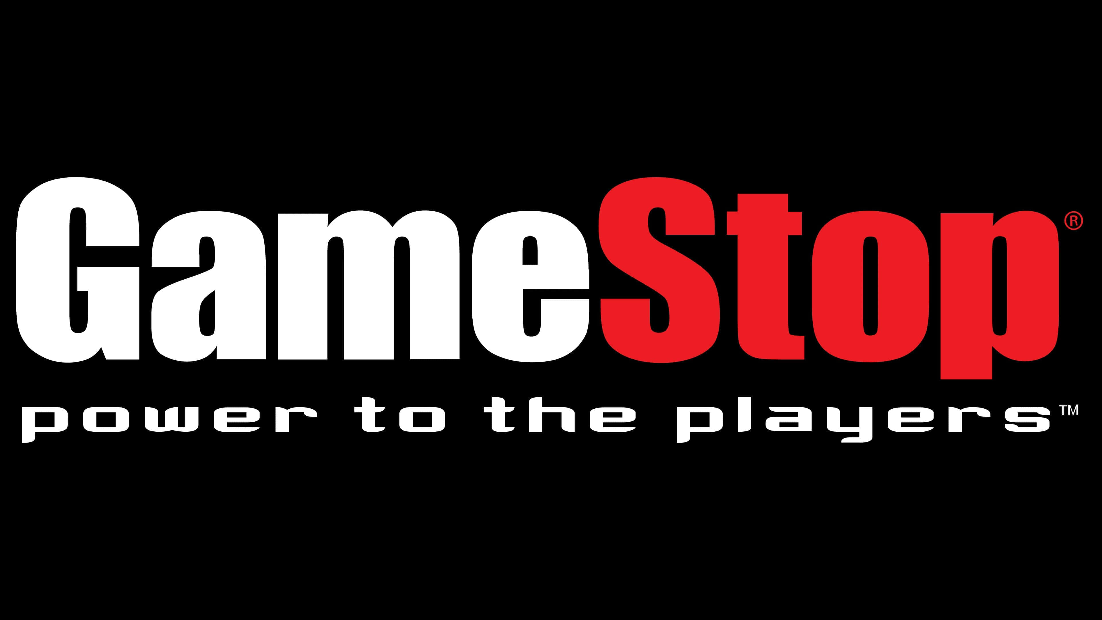 一站式滿足您所有遊戲體驗需求！ 壁紙 — GameStop 標誌，黑色背景上帶有白色和紅色文字，並附有標語 power to the players。