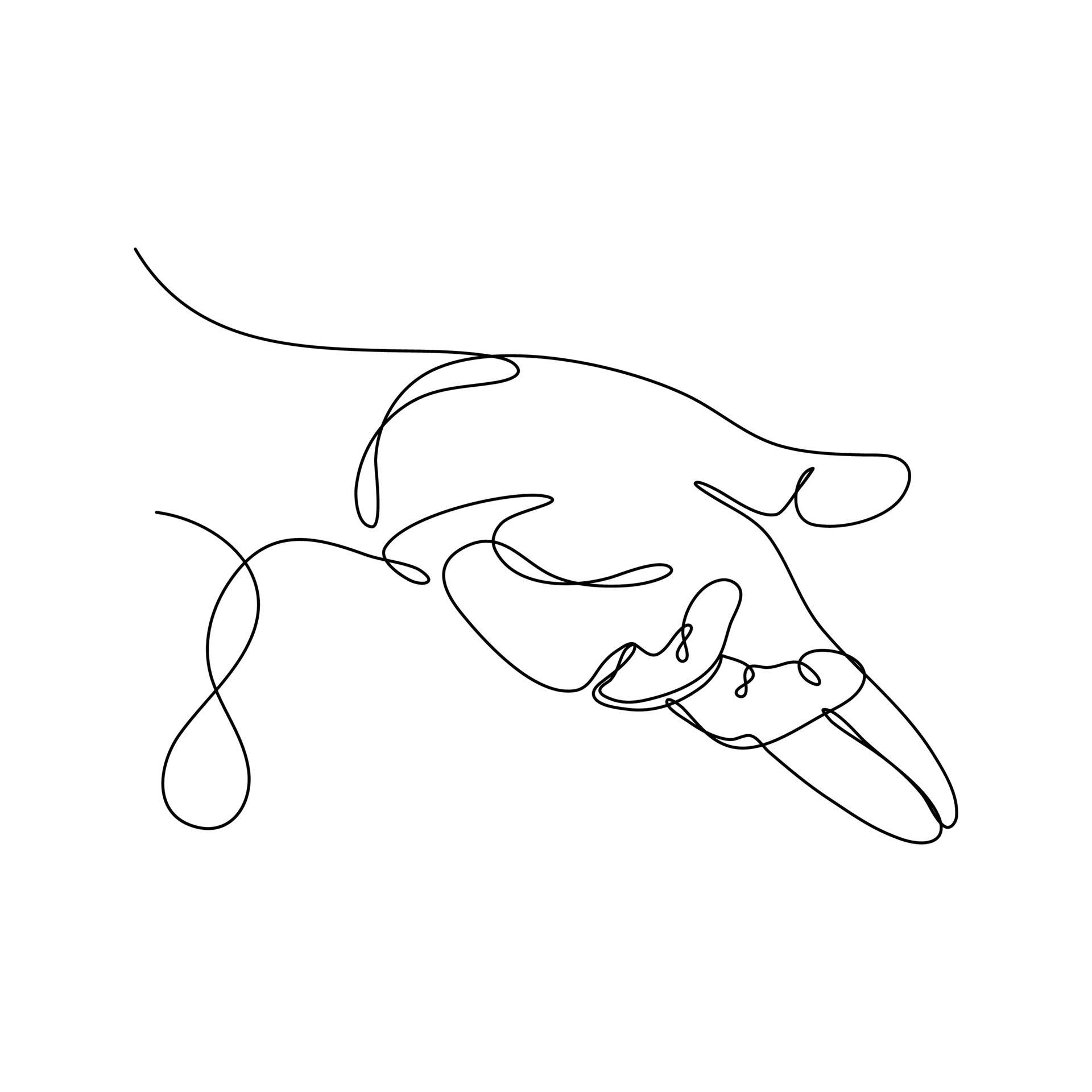 一隻風格化狗隻的極簡線條藝術，帶有流暢曲線和一滴水滴。