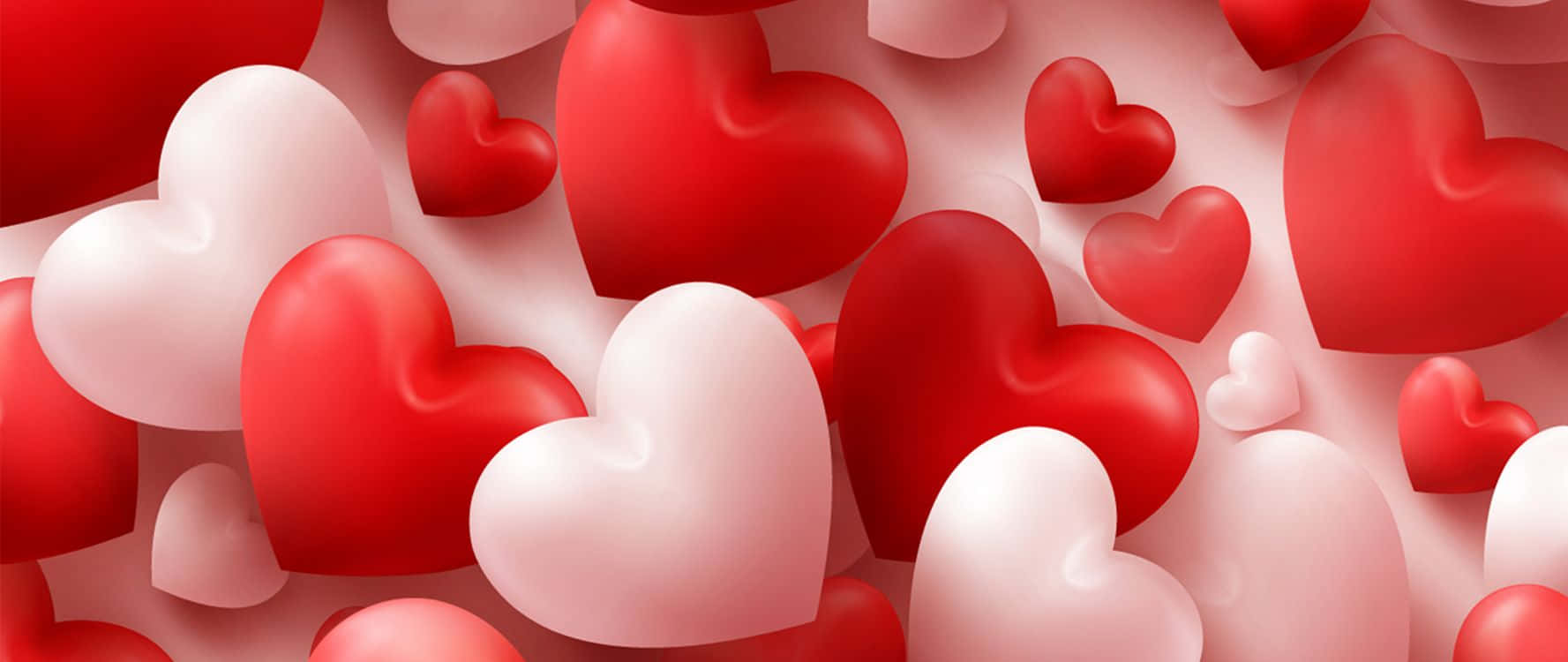 Cute Hearts 桌布 壁紙 — 一簇密集的光澤紅色和白色心形在柔和的粉紅光中漂浮，帶有微妙的陰影。