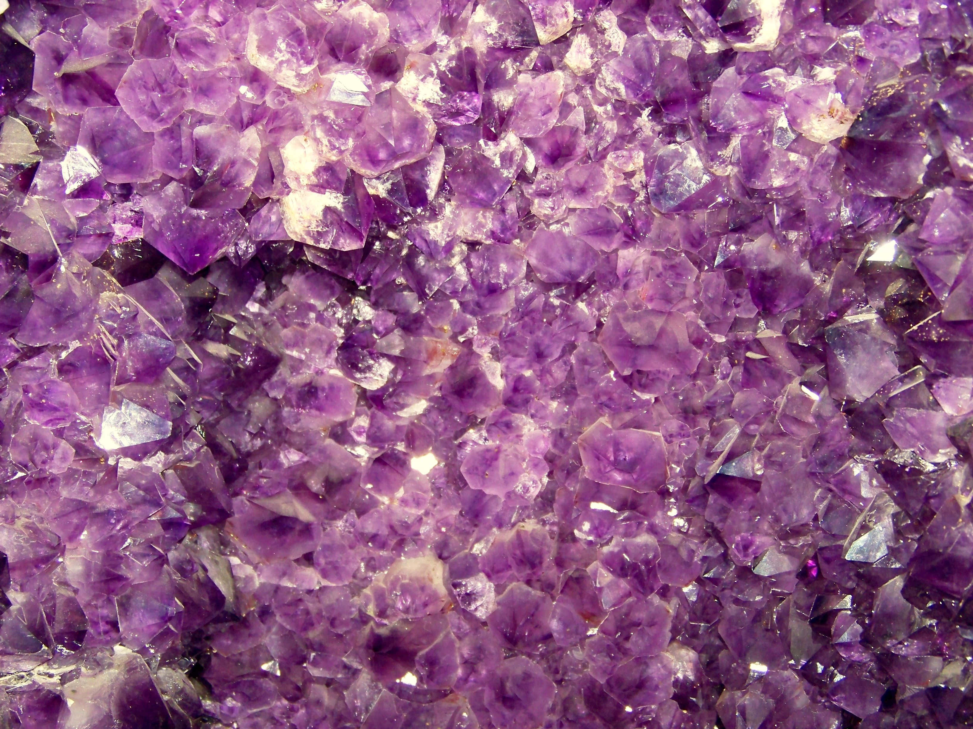 Amethyst 桌布 壁紙 — 一簇密集閃爍的紫色紫水晶晶體，具有銳利的刻面和半透明亮點。