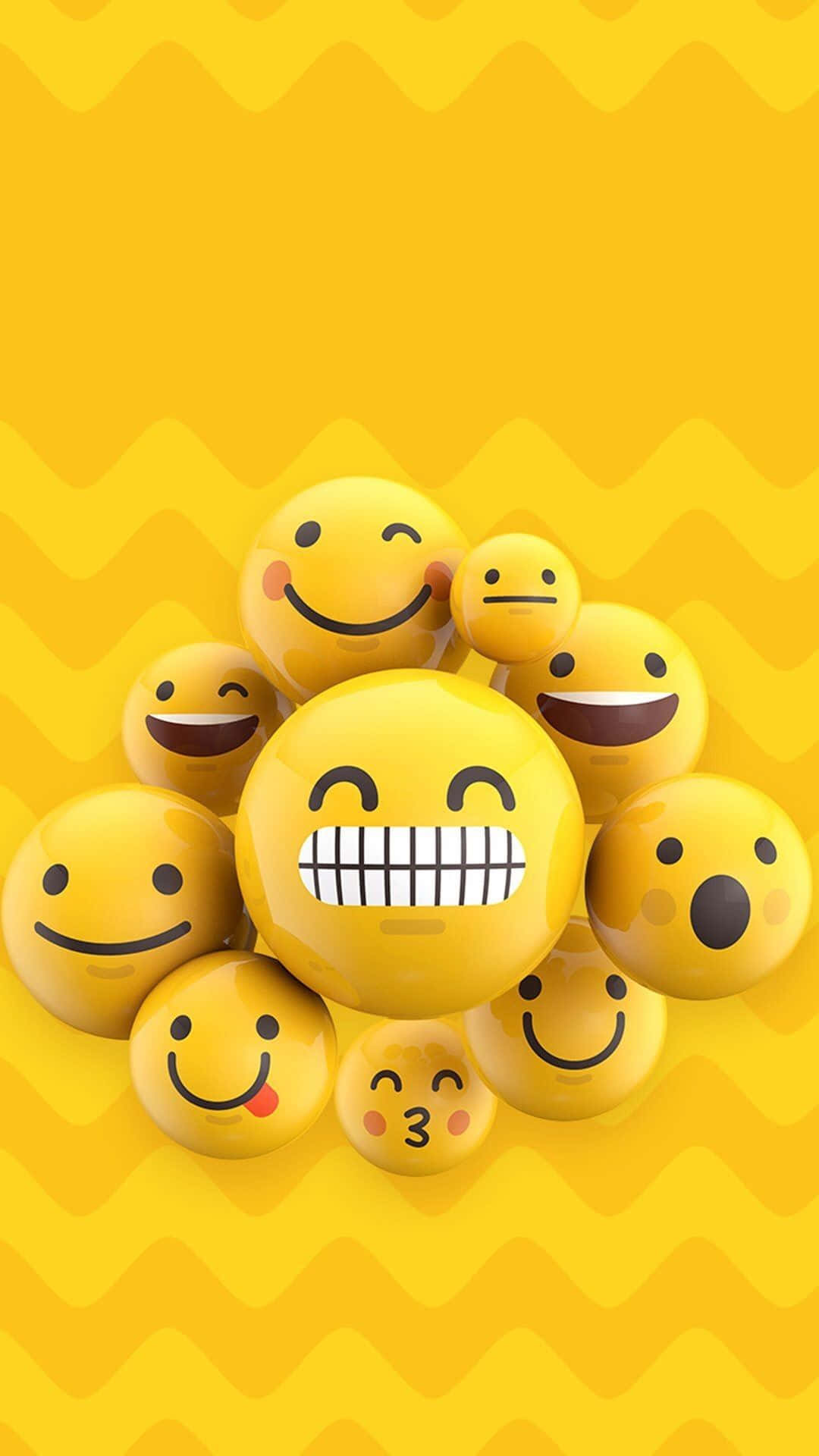 Aesthetic Smiley Face 桌布 壁紙 — 一簇帶有不同表情的光澤黃色表情符號臉孔，漂浮在充滿活力的黃色鋸齒背景上。