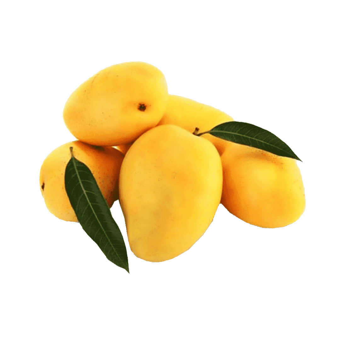 Mango 桌布 壁紙 — 一簇成熟嘅黃色芒果，帶有綠色葉子，襯托喺乾淨嘅白色背景上。